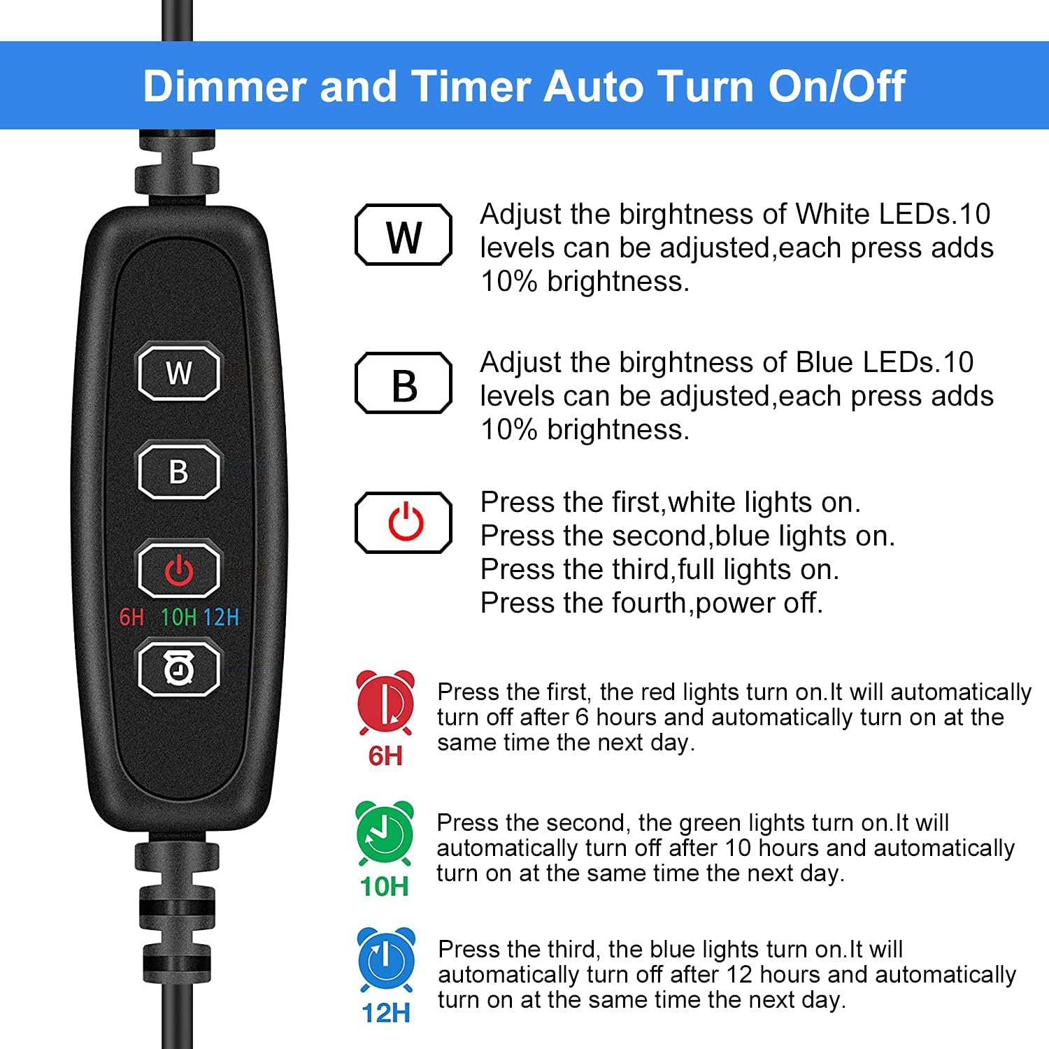 VARMHUS Submersible LED Aquarium Light,Fish Tank Light with Timer Auto On/Off Dimming Function,3 Light Modes Dimmable White-Blue,10 Brightness Levels Optional&3 Levels of timed Loop Function 15''