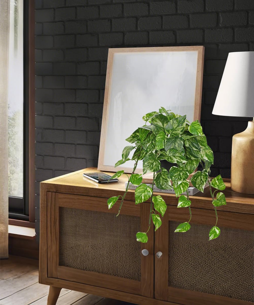 Hollyone Artificial Hanging Pothos Plants Potted Fake Ivy Faux Pothos Vine Leaves Hanging Greenery Plant in Black Pot for Home Indoor Tabletop Bedroom Patio Shelf Office Decor