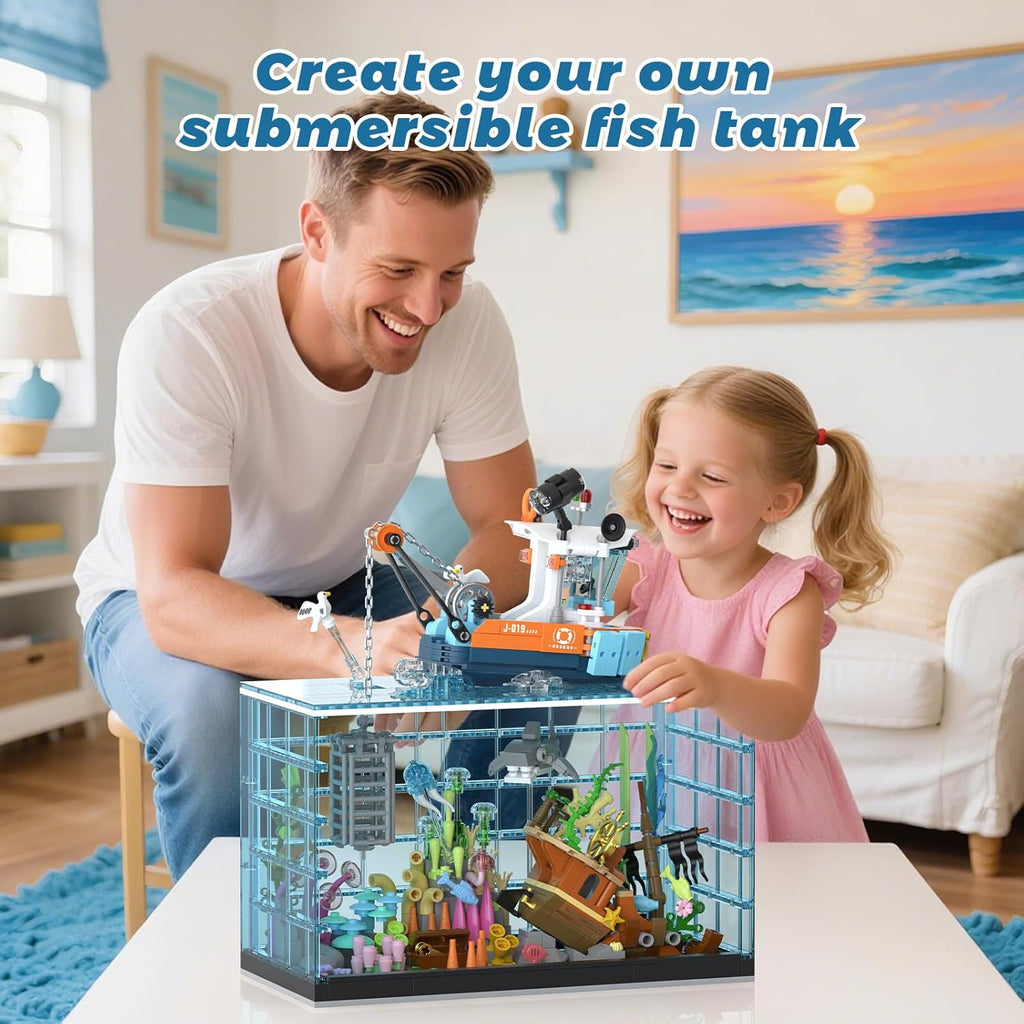 Fish Tank Building Blocks Set, Aquarium Building Set with LED Lights, Including Ocean Shark, Jellyfish, Fishing Boat, STEM Gift for Kids Boys Girls Age 8-12+ and Adults(830PCS)