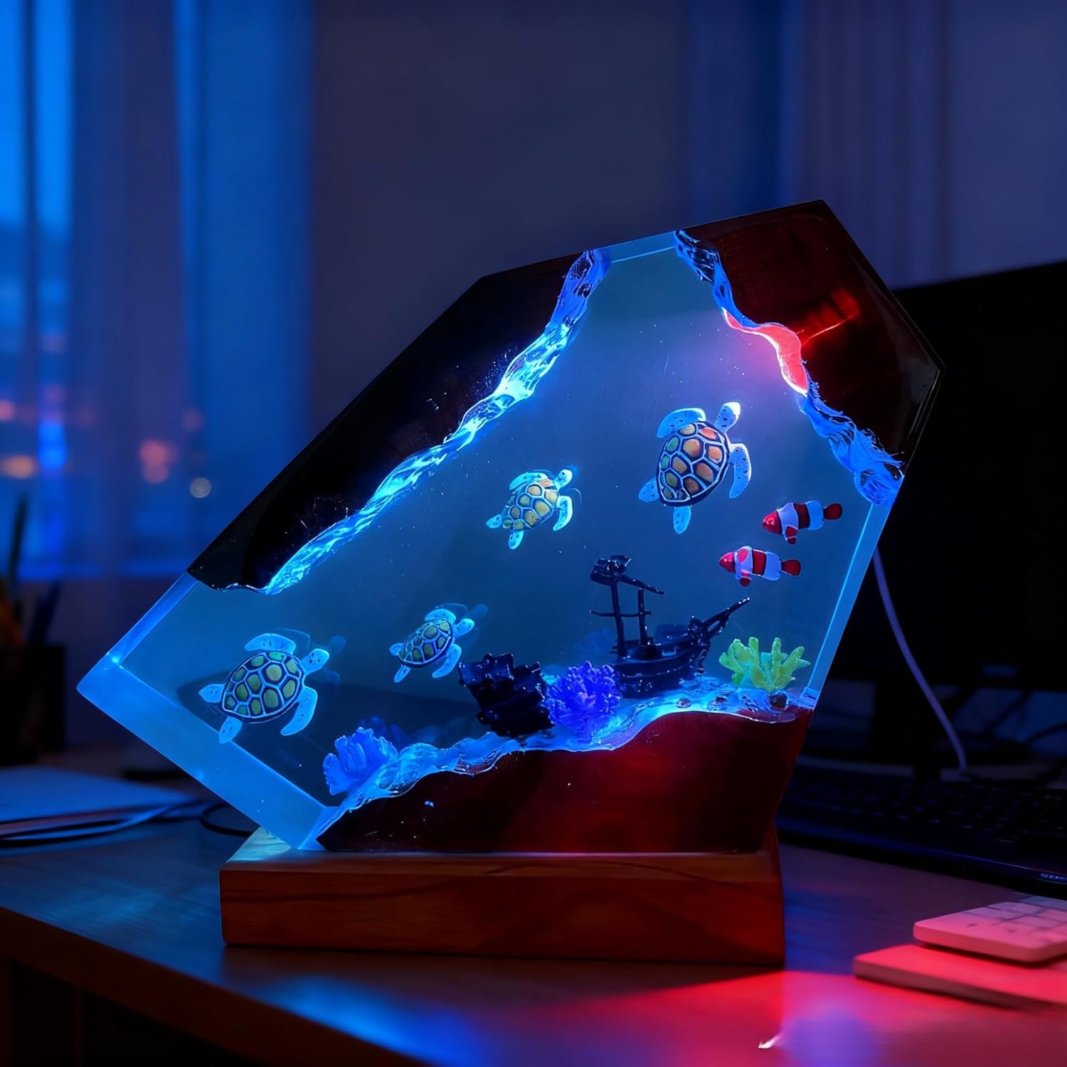 Ocean Resin Lamp – Resin Art Night Light with 16 Color LED, USB Powered Whale Shark & Turtle Desk Lamp with Wooden Base & Remote,Handmade Gift for Christmas, New Year