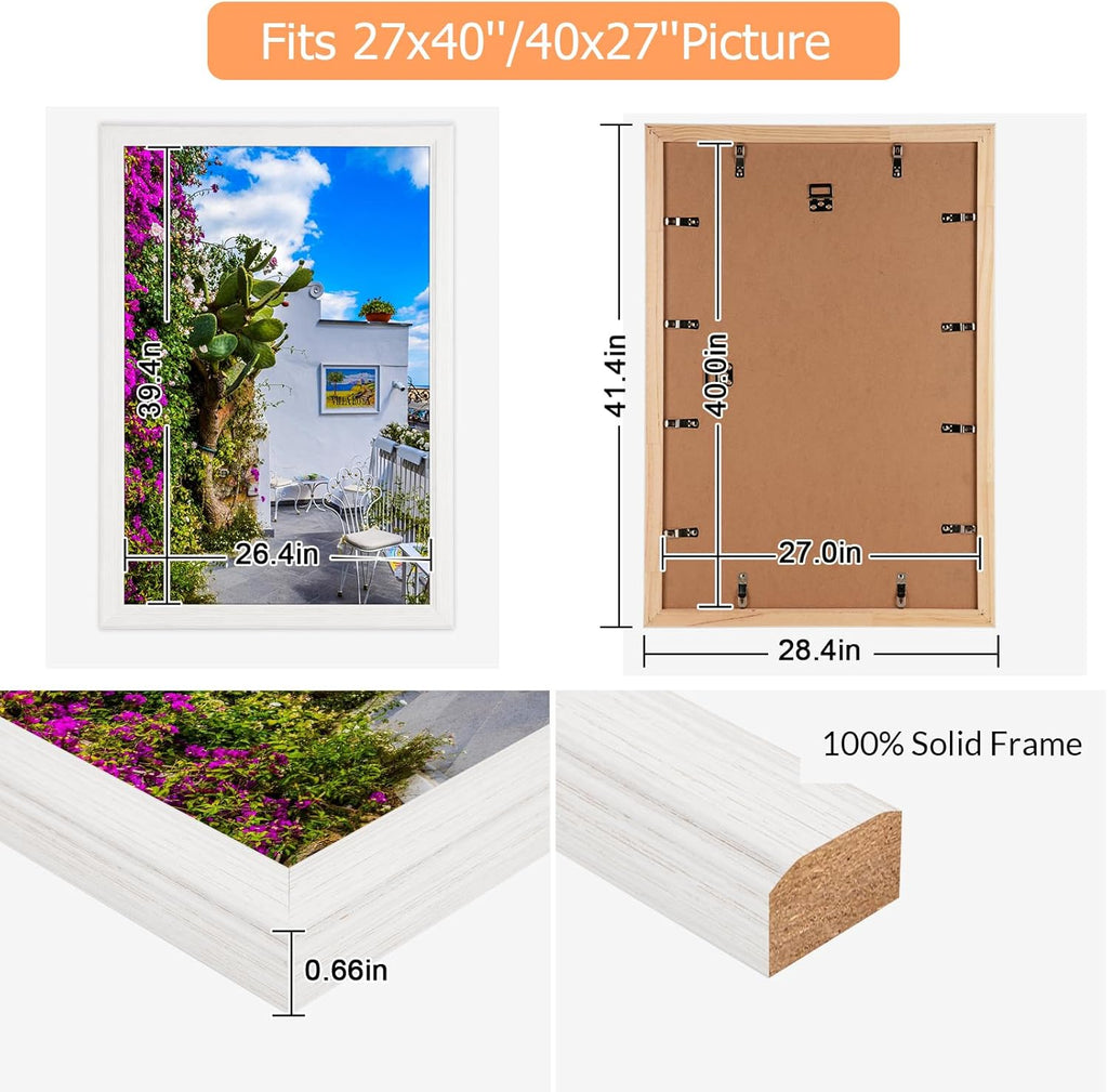 27x40 Wood Frame White, Modern Natural Woodgrain 40x27in Picture Frame, Rustic Wooden 27 x 40 inch Gallery Wall Photo Poster Frame with HD Plexiglass, Horizontal Vertical Wall Mounting Display 1pcs