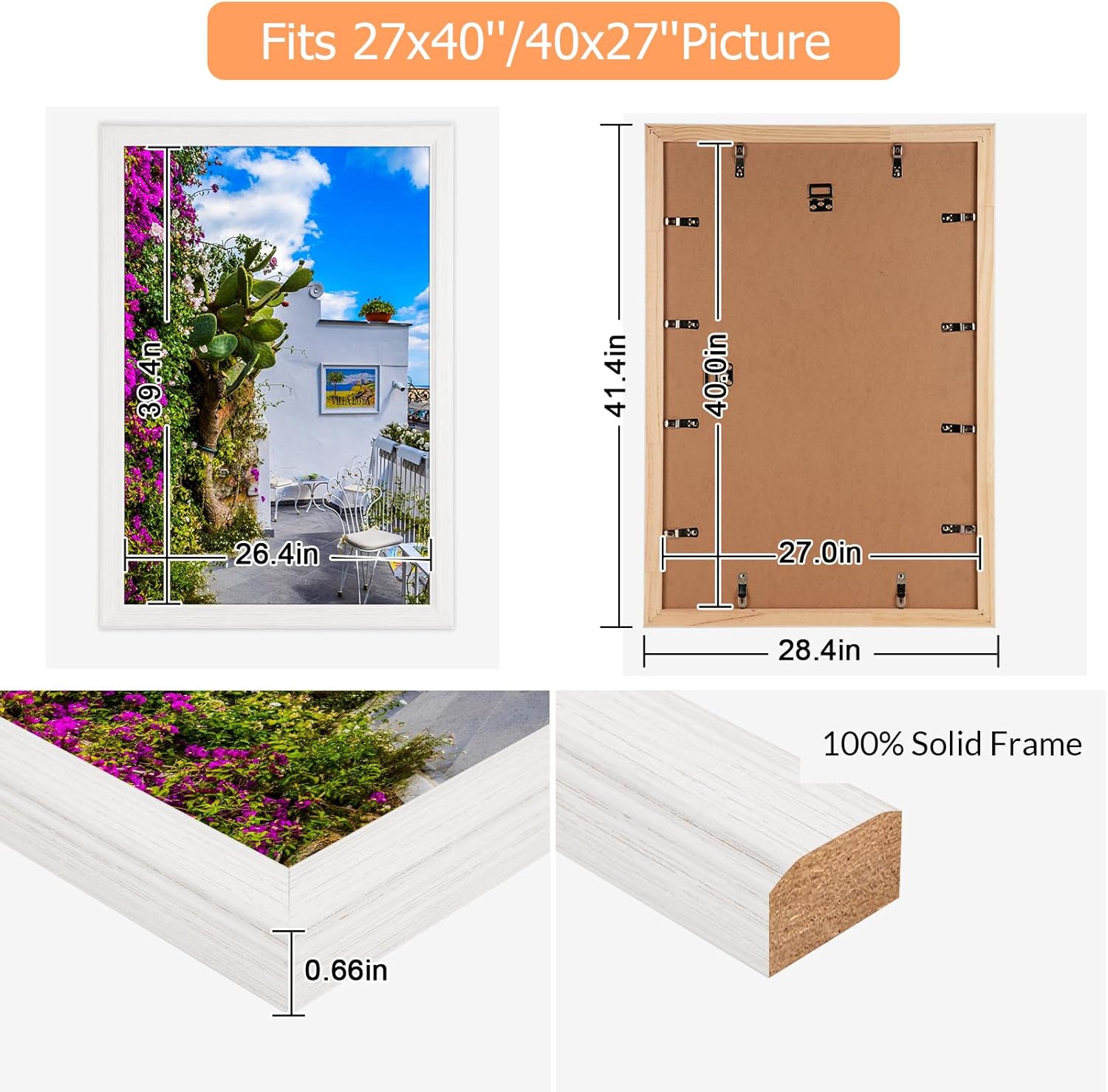 27x40 Wood Frame White, Modern Natural Woodgrain 40x27in Picture Frame, Rustic Wooden 27 x 40 inch Gallery Wall Photo Poster Frame with HD Plexiglass, Horizontal Vertical Wall Mounting Display 1pcs
