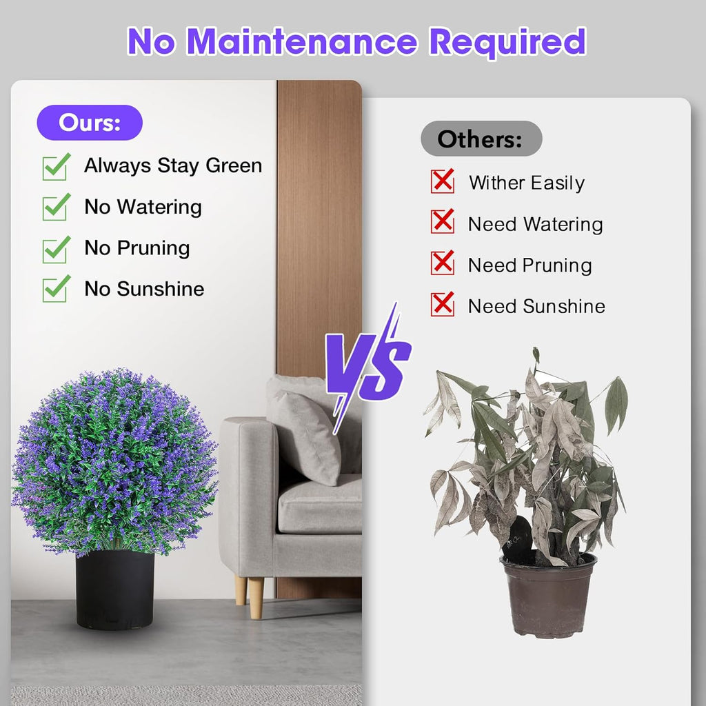 25.6" Artificial Lavender Topiary Ball Plants, 2 Pack Faux Bushes with Spike – UV Resistant & Fade Resistant Artificial Shrubs, Fake Lavender Trees for Indoor Outdoor Front Porch Garden