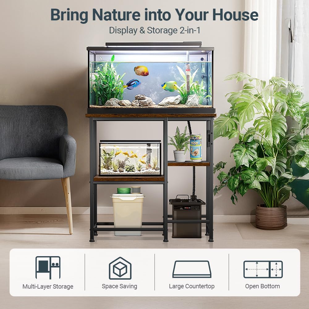 20-29-37 Gallon Fish Tank Stand with Power Outlet, Metal Aquarium Stand with Height-Adjustable Stoarge Shelves, 6-Leg Reptile Tank Stand, 400lbs Capacity