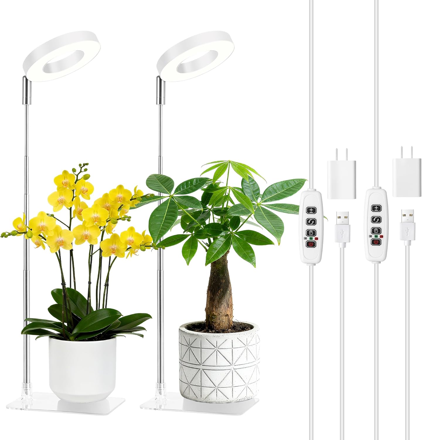 3.54" White Grow Light, Full Spectrum Plant Lights for Indoor Growing with 3/9/12H Timer, 3 Color Modes, 10 Brightness, 6.6"-24.8" Height Adjustable，Small Halo Grow Light with Base, 2 Pack