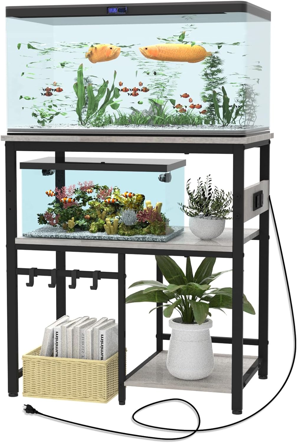 TFK 20-29-37 Gallon Fish Tank Stand, 3-Tier Aquarium Stand with Power Outlet Reptile Tank Stand Heavy Duty Terrarium Stand for Home Office, Gray