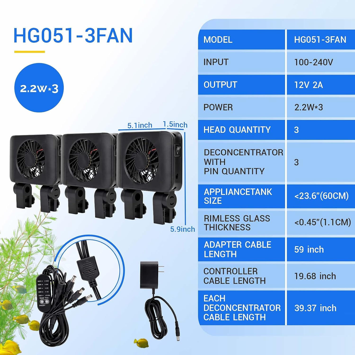 hygger Aquarium Chillers Fan, Quiet Fish Tank Cooling Fan Equipment with Adjustable Speed Controller, Suitable for Freshwater Saltwater Tanks(3-Fan Head)
