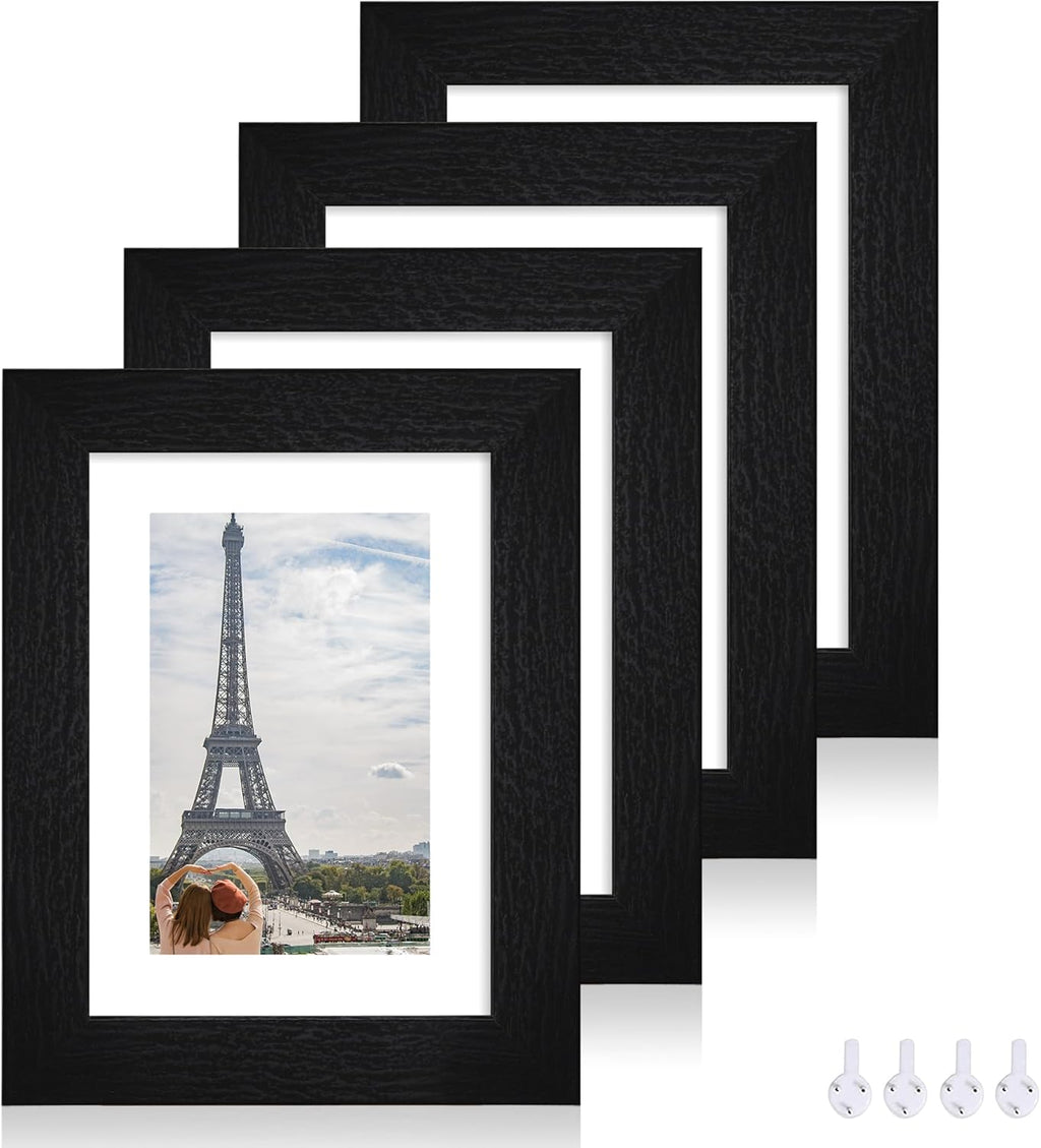 5x7 Picture Frame Set of 4, Made of Real Glass and Rustic Black Wooden Frame, 5 by 7 Photo for Wall or Tabletop - Display Picture 4x6 with Mat or 5x7 Without Mat