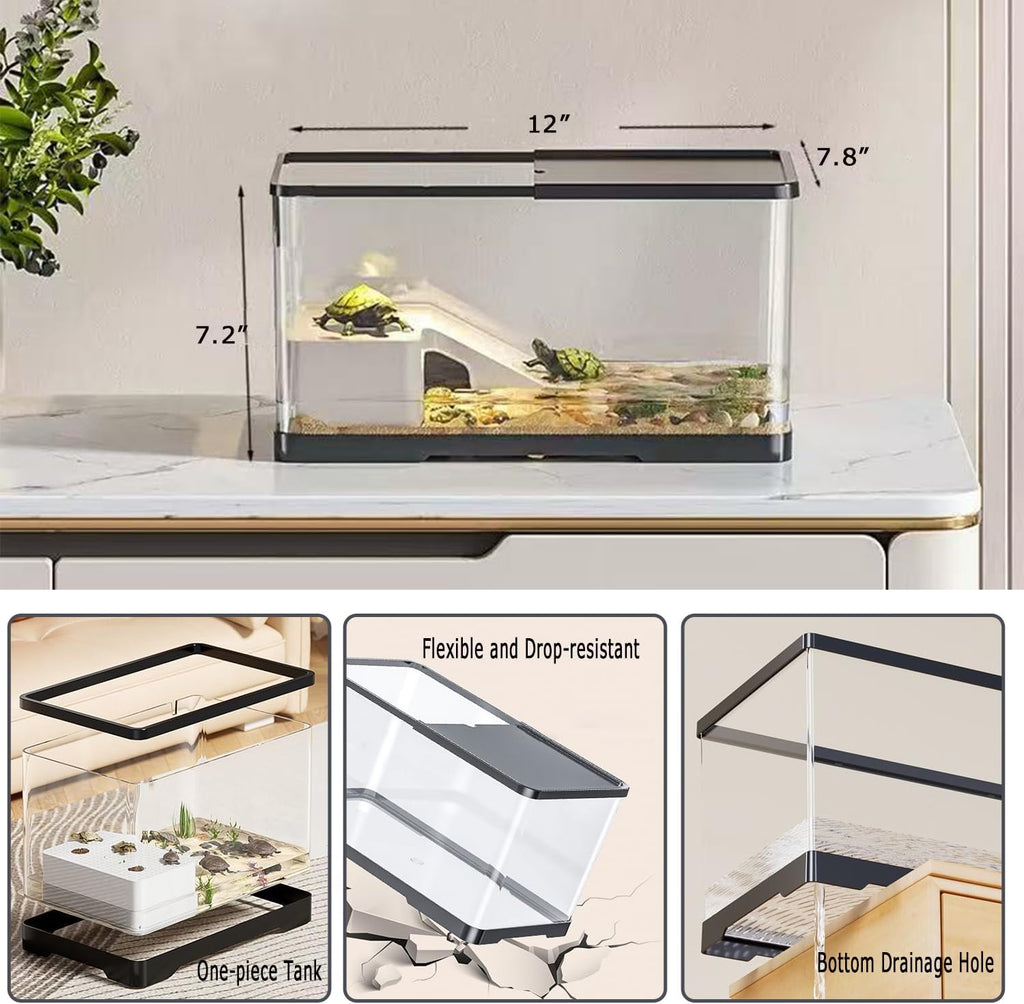 Upgraded 3 GAL Turtle Tank Kit(Tank+3.5W Filter+Basking Platform),Fish Tank Starter Kit, Aquarium for Crabs,Fishes,Amphibians,Reptiles(12 * 7.7 * 7.2 Inch)
