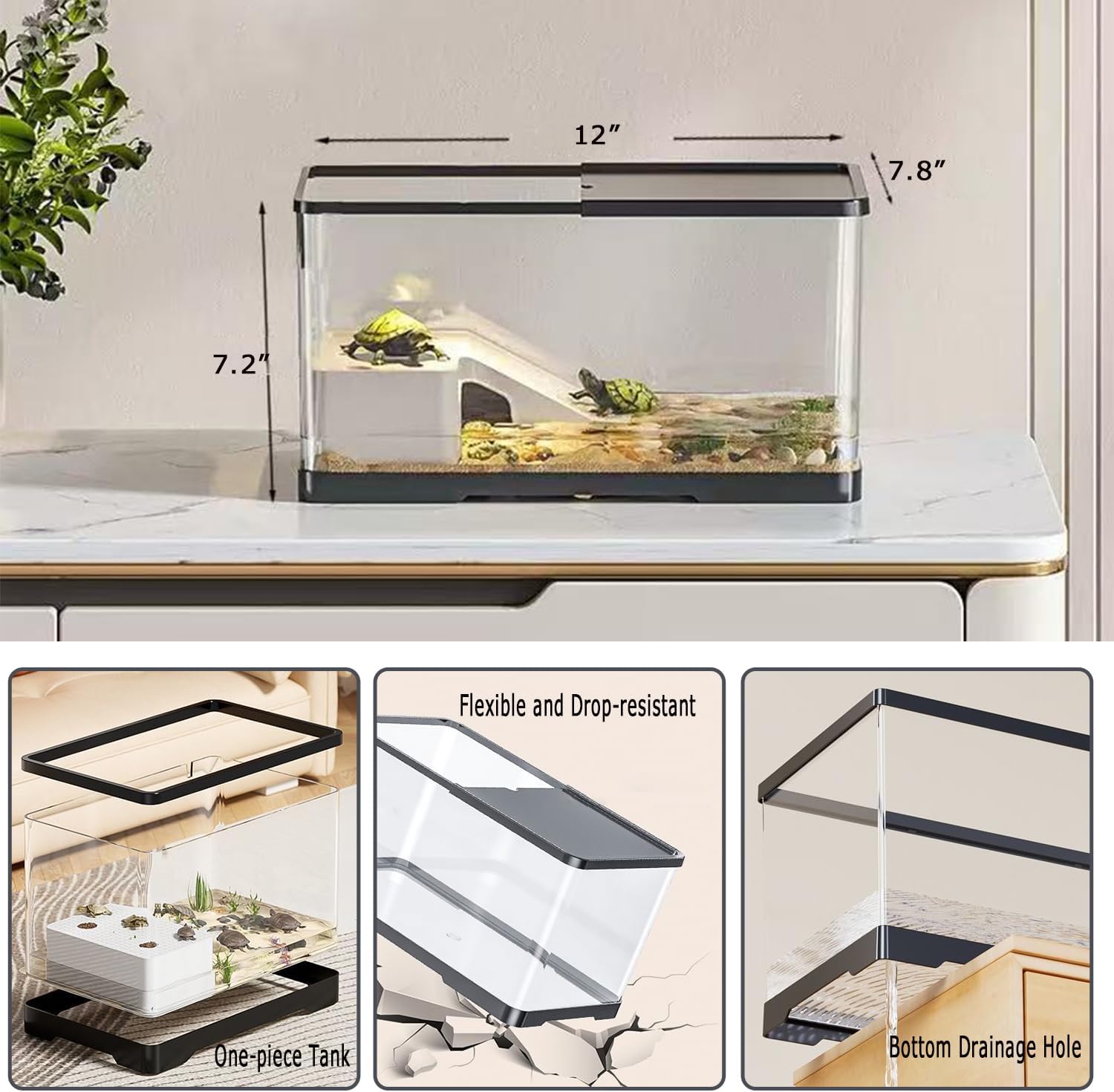 Upgraded 3 GAL Turtle Tank Kit(Tank+3.5W Filter+Basking Platform),Fish Tank Starter Kit, Aquarium for Crabs,Fishes,Amphibians,Reptiles(12 * 7.7 * 7.2 Inch)