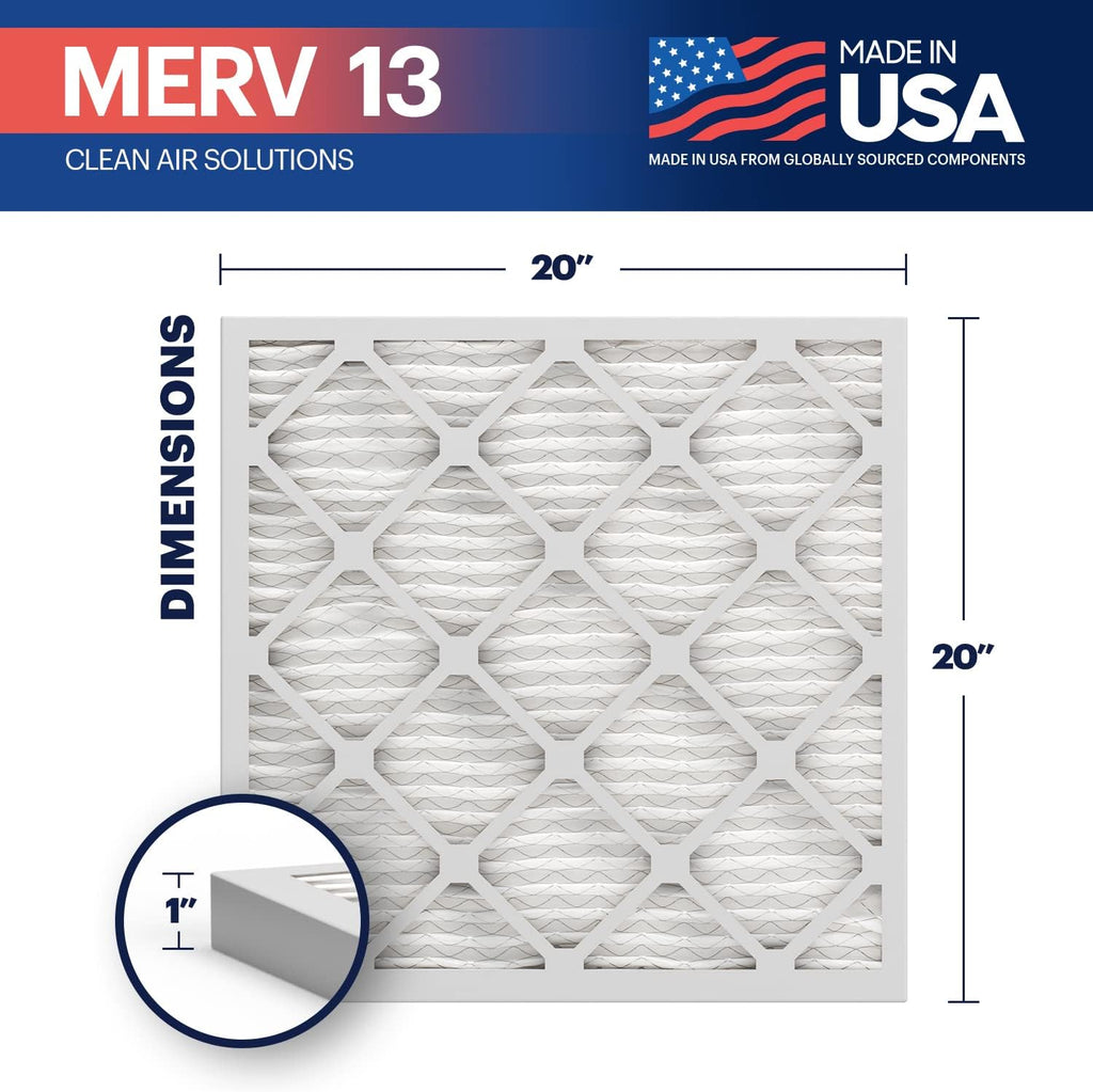 BNX 20x20x1 MERV 13 Air Filter 2 Pack - MADE IN USA - Electrostatic Pleated Air Conditioner HVAC AC Furnace Filters - Removes Pollen, Mold, Bacteria