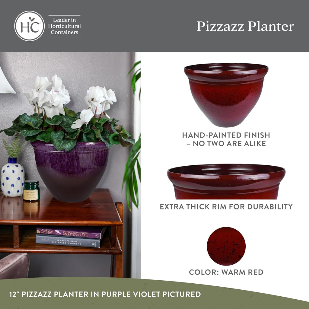 The HC Companies 9 Inch Pizzazz Round Planter Pots with Ceramic Look, Lightweight UV-Resistant Plastic Outdoor Planters, 2-Pack Flower Pots for Garden & Home Decor, Warm Red