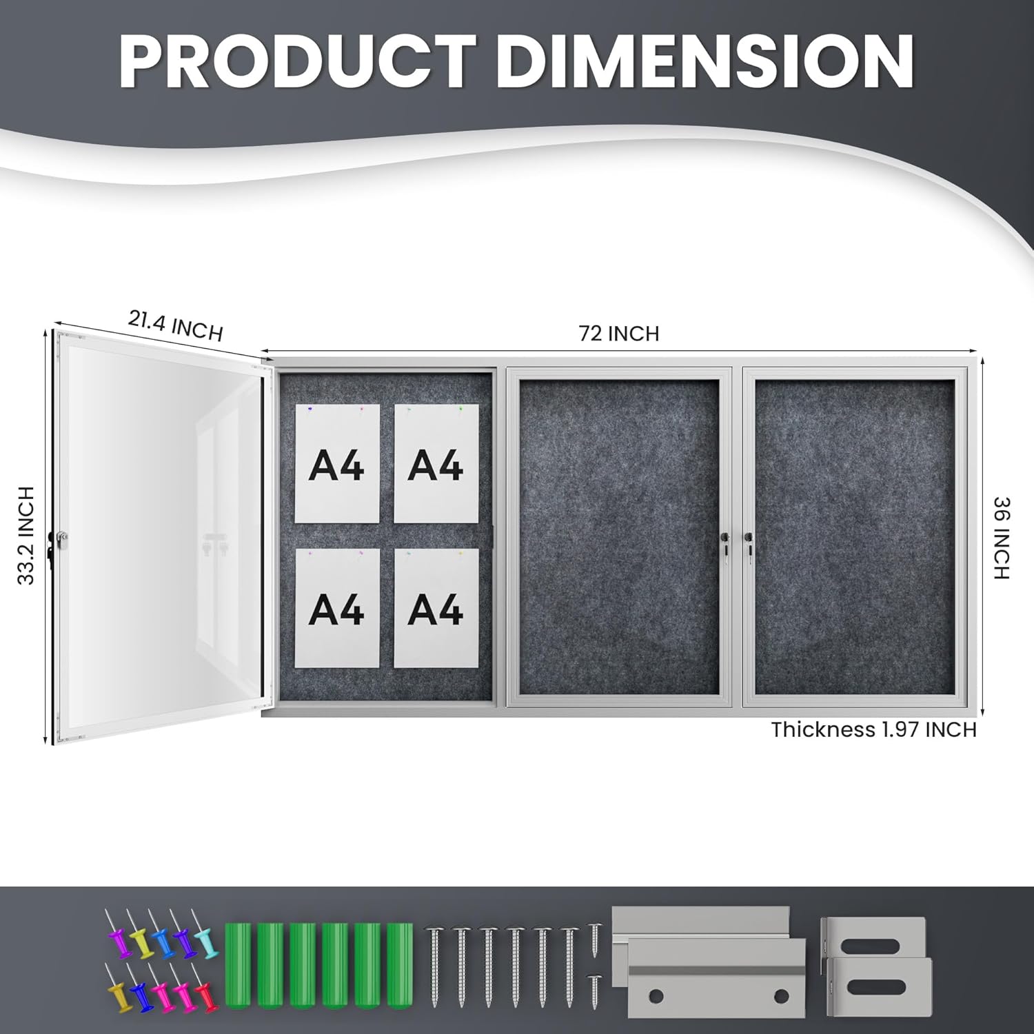 72"x36" Lockable Enclosed Bulletin Board, Outdoor Flet Weather-Resistant Aluminum Frame Notice Board, Wall Mounted Display Case Acrylic Doors for School,Office,Silver Frame w/Grey Flet