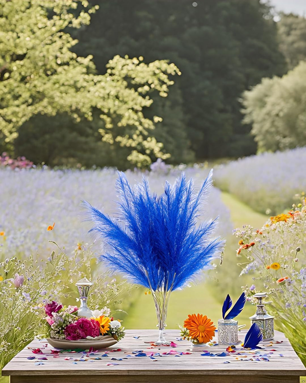 UiiziC Faux Pampas Grass 6 PCS 33.5"/85cm Dried Fluffy Bling-Bling Artificial Flowers Ascendant Grass for Vase Fillers Wedding Party Bouquets Home Hotel Centerpieces Decor (Bright Blue)
