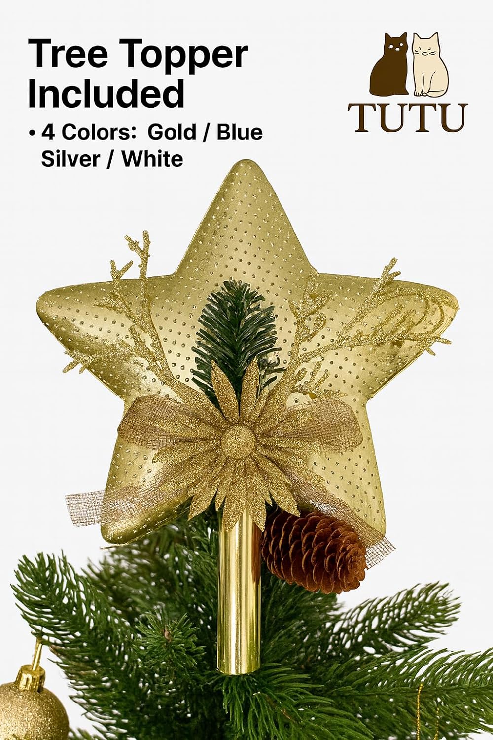 Christmas Tree with Topper – Artificial Pine Tree – Multiple Sizes & Colors (Red Berries, 8ft)
