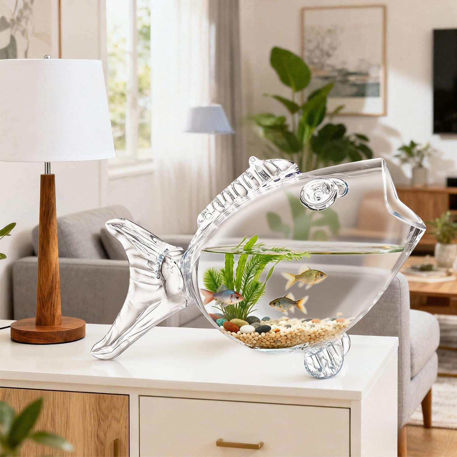 Fish Shaped Fish Bowls - Goldfish-Shaped Design Thickened High Transparency Glass Aquarium Tank for Small Fish Easy Setup for Office Desk & Bedroom Decor Home Pet Lovers（L）