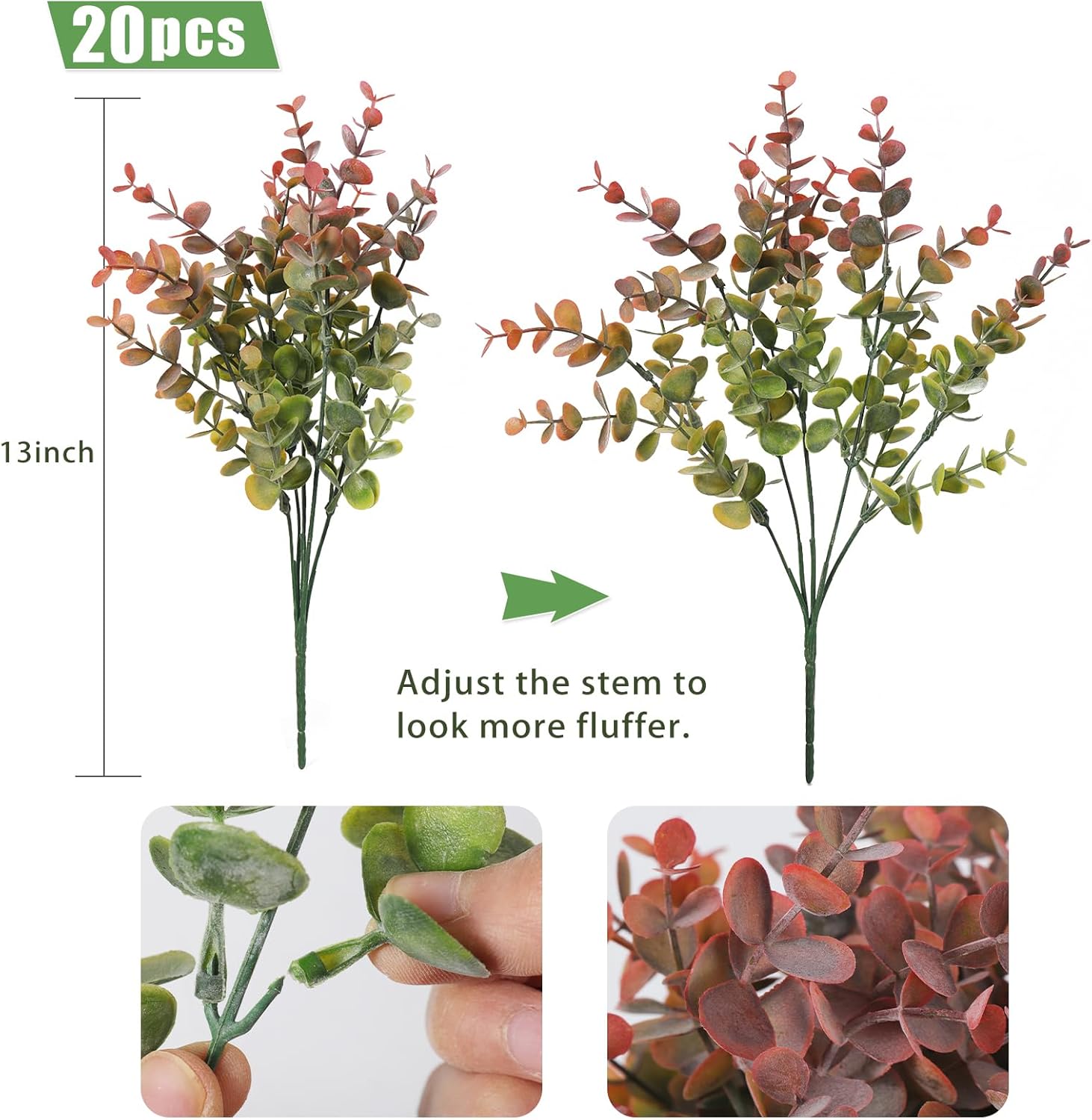 RECUTMS 20 Bundles Artificial Plants Outdoor Faux Plant Eucalyptus Stems Artificial Bushes Boxwood Bushes for Farmhouse Bathroom Office Vase Centerpiece Indoor Outdoor Decor(Dusty Red)