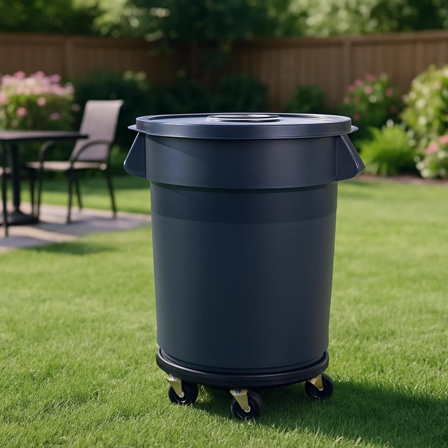 32 Gallon Outdoor Trash Can with Wheels, Rolling Trash Can with Lid & Sturdy Handle, Commercial Round Trash Cans, Outdoor Garbage Can for Kitchen, Garage, Backyard and Patio (32 Gallon, 1 Pack)