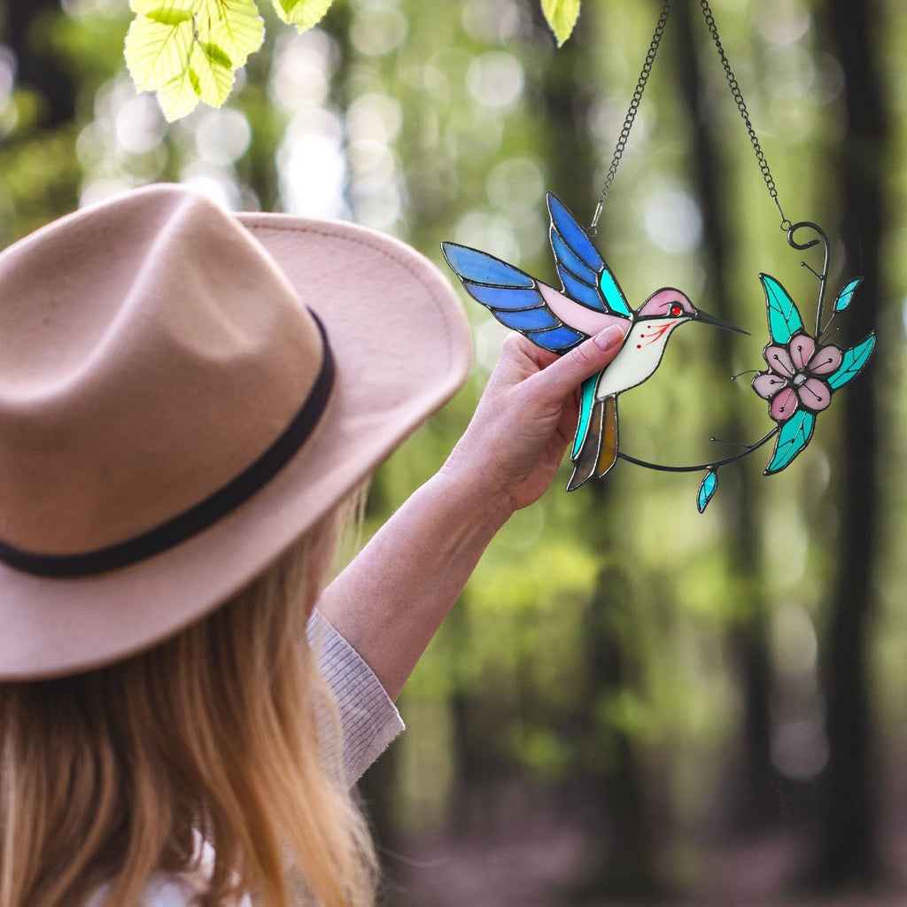 Hummingbird Stained Glass Window Hanging, Humming Bird Style, Sun Catchers Indoor Panel, Nautical Suncatcher Decor for Home, Wall, Garden, Coastal Ornament, Gift for Women and Mom