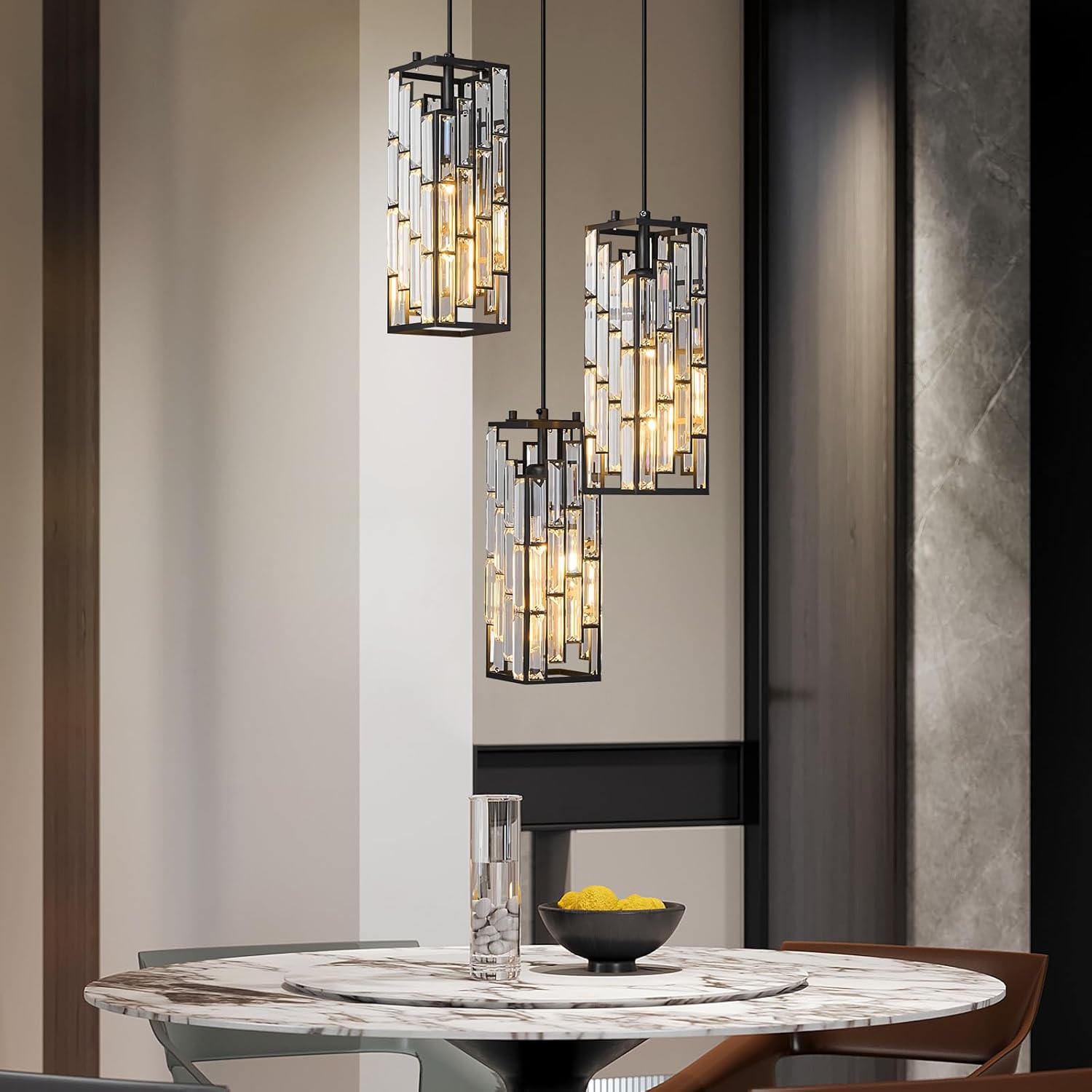 Black Pendant Lighting Modern Pendant Light, Mini Crystal Chandeliers,Adjustable Pendant Light Fixture for Kitchen Island Dinning Room Bedroom (3 Light)