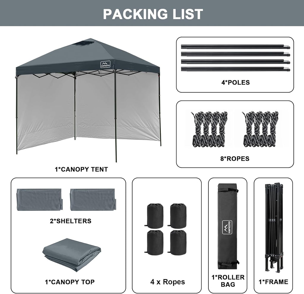 KAMPKEEPER 10x10 Easy Pop Up Canopy Tent with Sidewalls, Instant Outdoor Shade Shelter with Removable 10FT Sun Walls, Quick Setup Waterproof and UV-Resistant for Patio (Dark Gray, 2 sidewall)