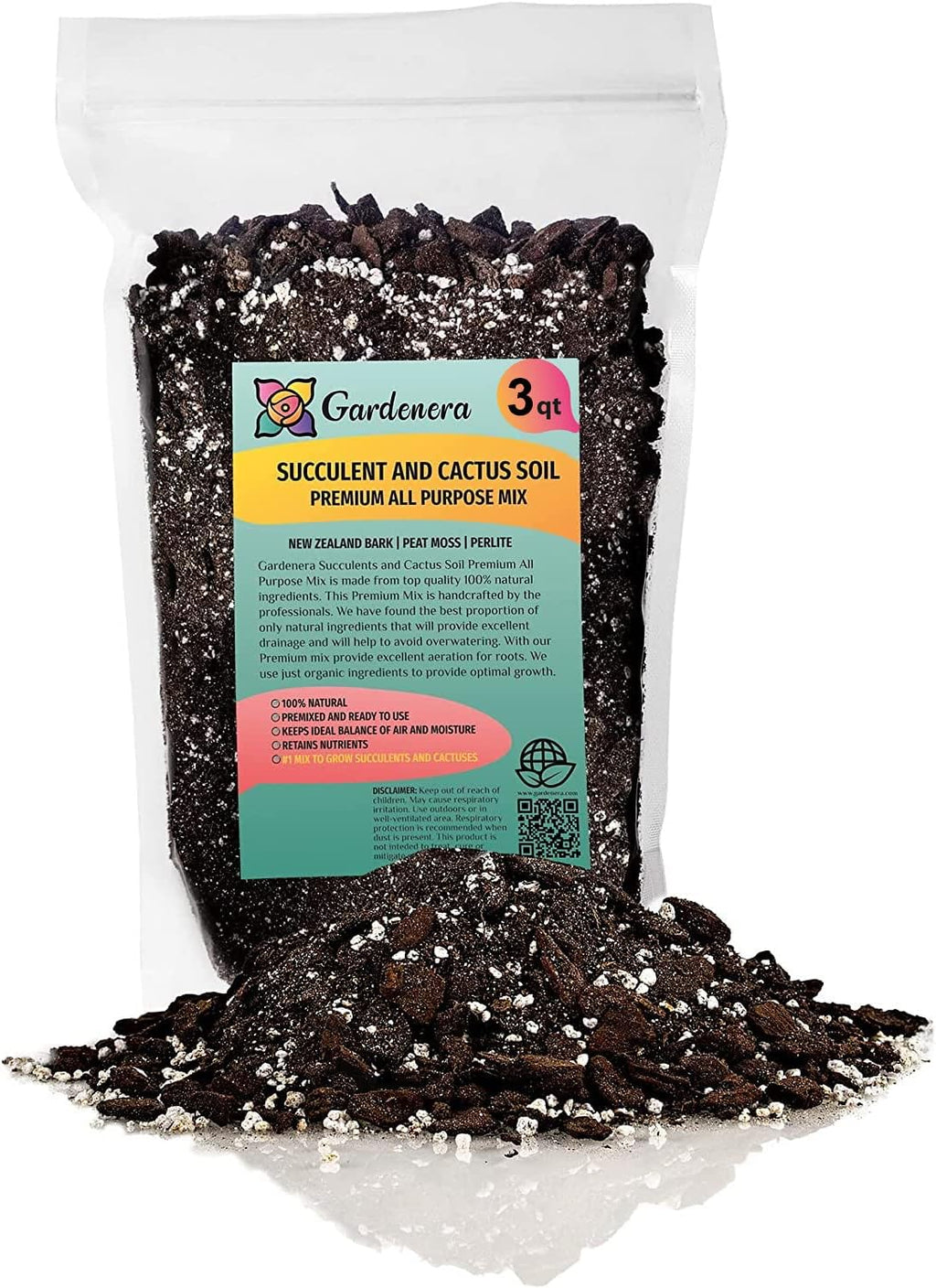 Gardenera Professional Succulent Soil Premium All Purpose Blend | Pre-Mixed Ready to Use for Cactus and Succulents | Sphagnum Peat Moss, Perlite, New Zealand Pine Bark - Made in USA - 3 Quart
