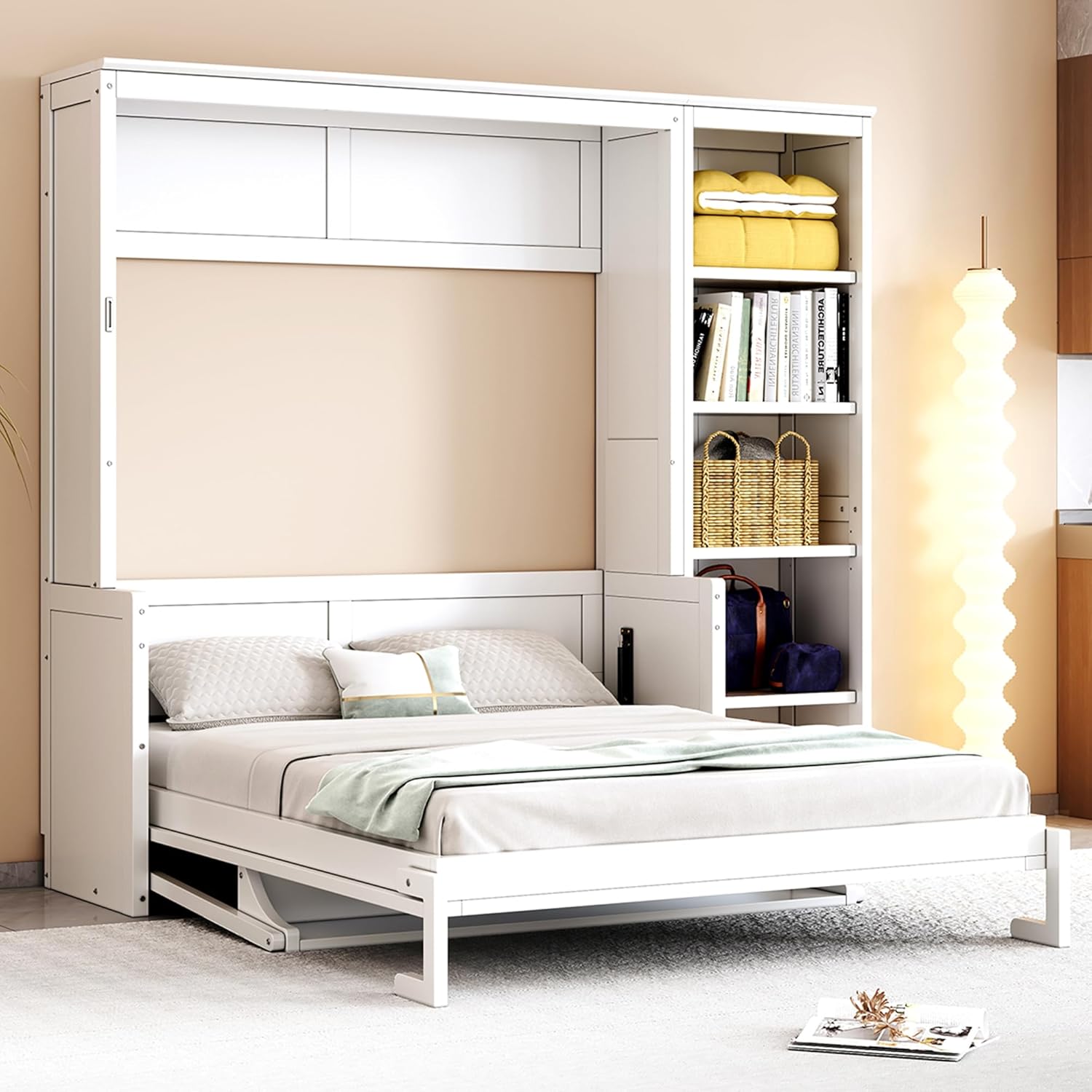 MERITLINE Full Murphy Bed with Desk and Storage Shelves,Wood Hideaway Murphy Wall Bed with Storage Bookcase for Adults (White,Full)