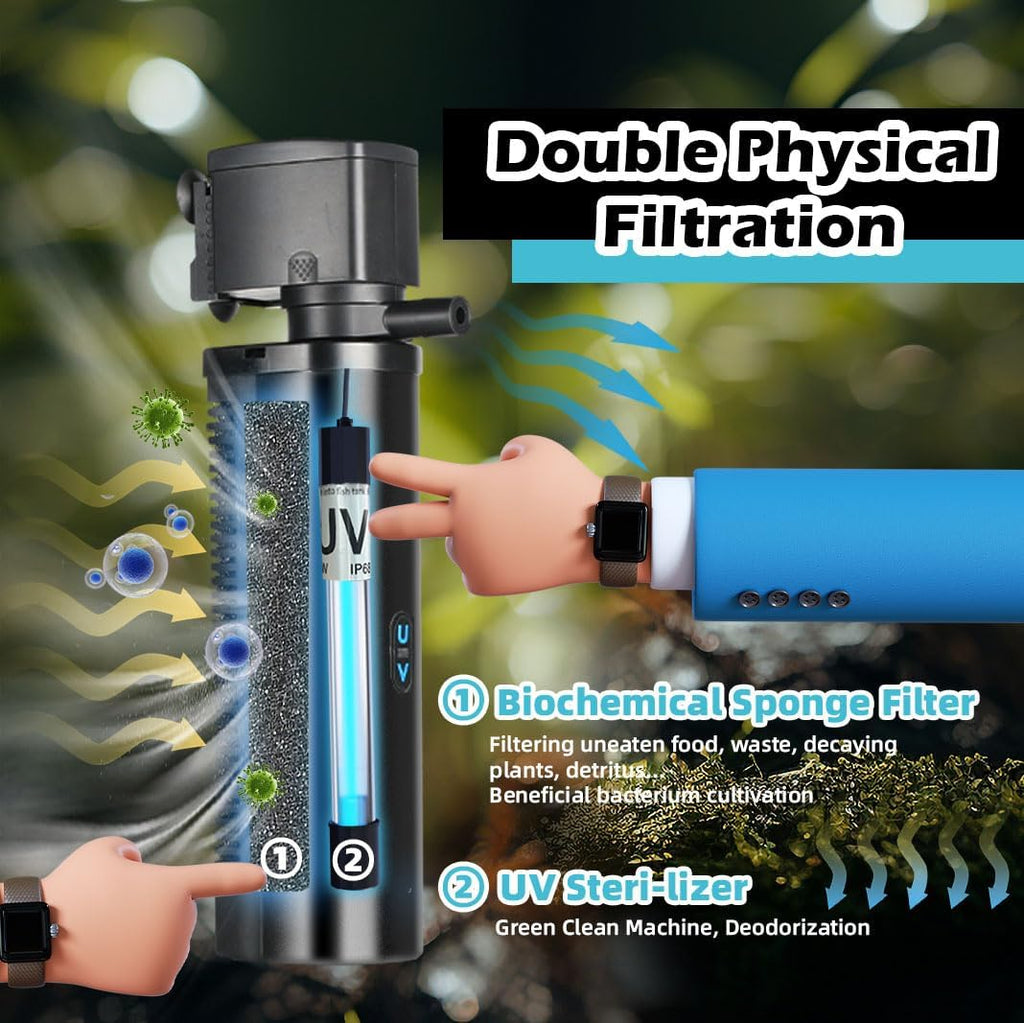 Aquarium Filter for 100-400 Gallon Tank, U-V Fish Tank Green Clean Machine Submersible Powerful Pump Canister Filter 600GPH for Pond Turtle Tank Saltwater Freshwater Crystal Clear Green Killing