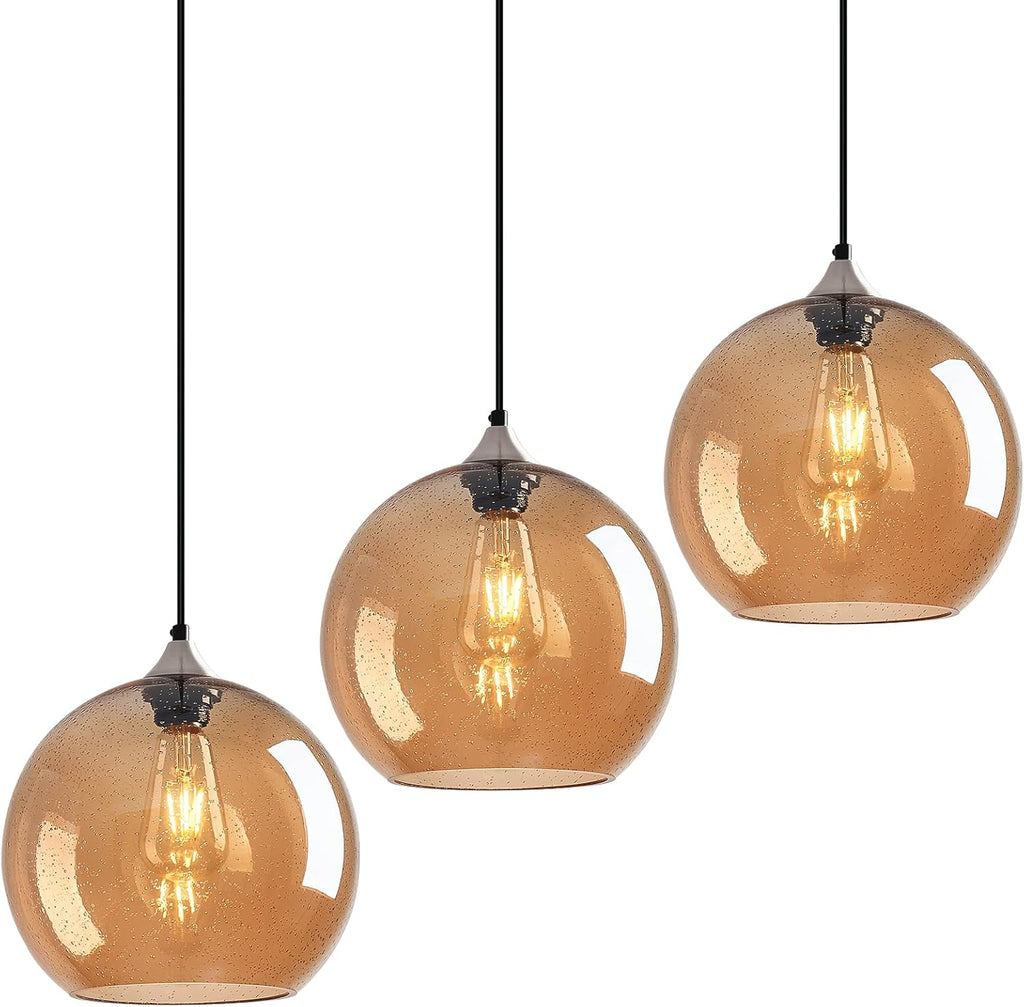 Amber Glass Pendant Lights Kitchen Island Globe Pendant Light Fixtures Modern Pendant Lighting for Bedroom Living Dining Room Light Fixture (9.84 in, 3 Pack)