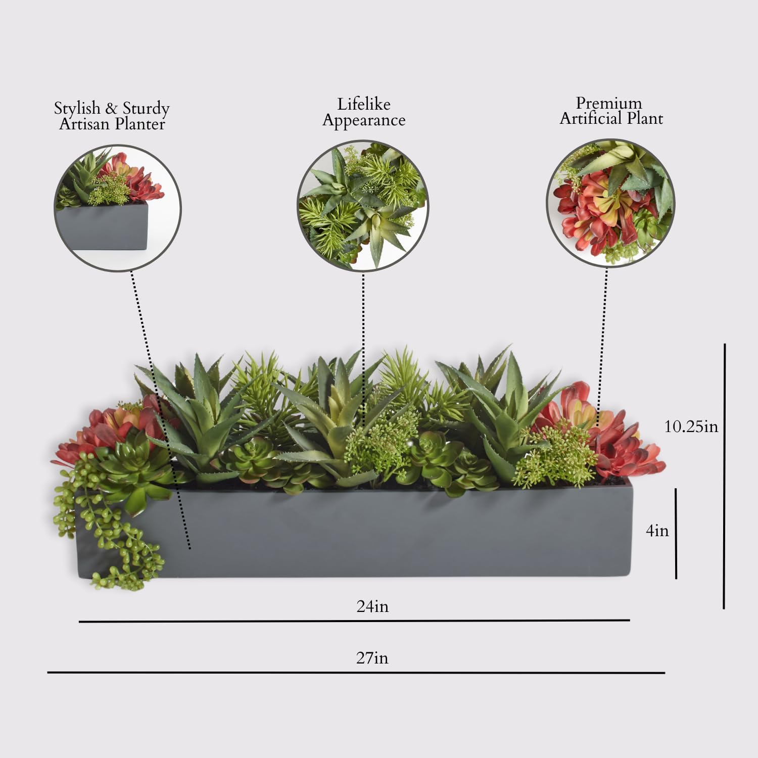 CG Hunter Oblong Faux Succulent Arrangement, Premium Artificial Indoor Plant Enhances Interior Design, Display on any Surface in Your Home Adding an Inviting Touch of Nature, Grey Planter Pot Included