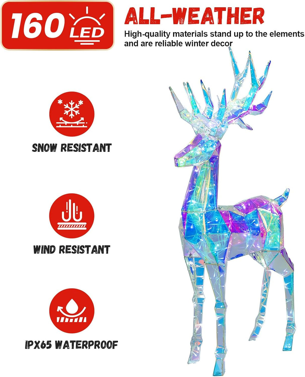 60" Pre-lit Christmas Reindeer, Outdoor Prismatic Iridescent Reindeer with 160 LED Lights, Stakes, Large Lights Up Deer Christmas Decorations Holiday Display for Yard Garden Patio