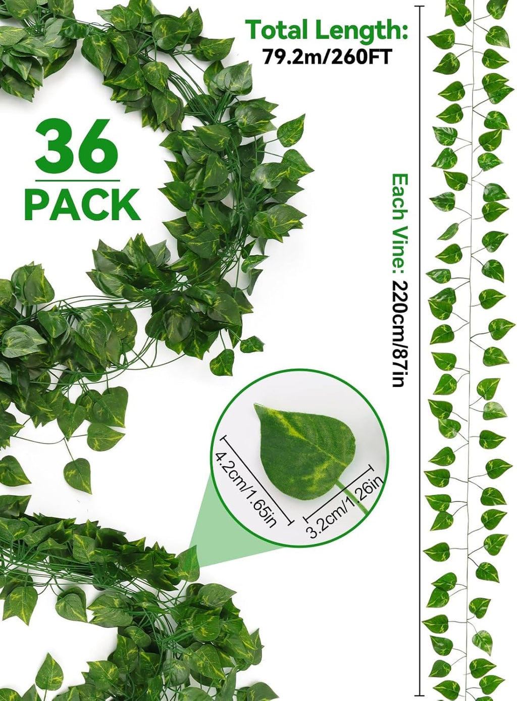 Kalolary 260FT Artificial Ivy Garland 36 Pack Scindapsus Leaf Fake Vines Plants Garland Hanging Aesthetic Plants Greenery Green Leaves for Wedding Bedroom Garden Party Office Wall Outdoor Decoration