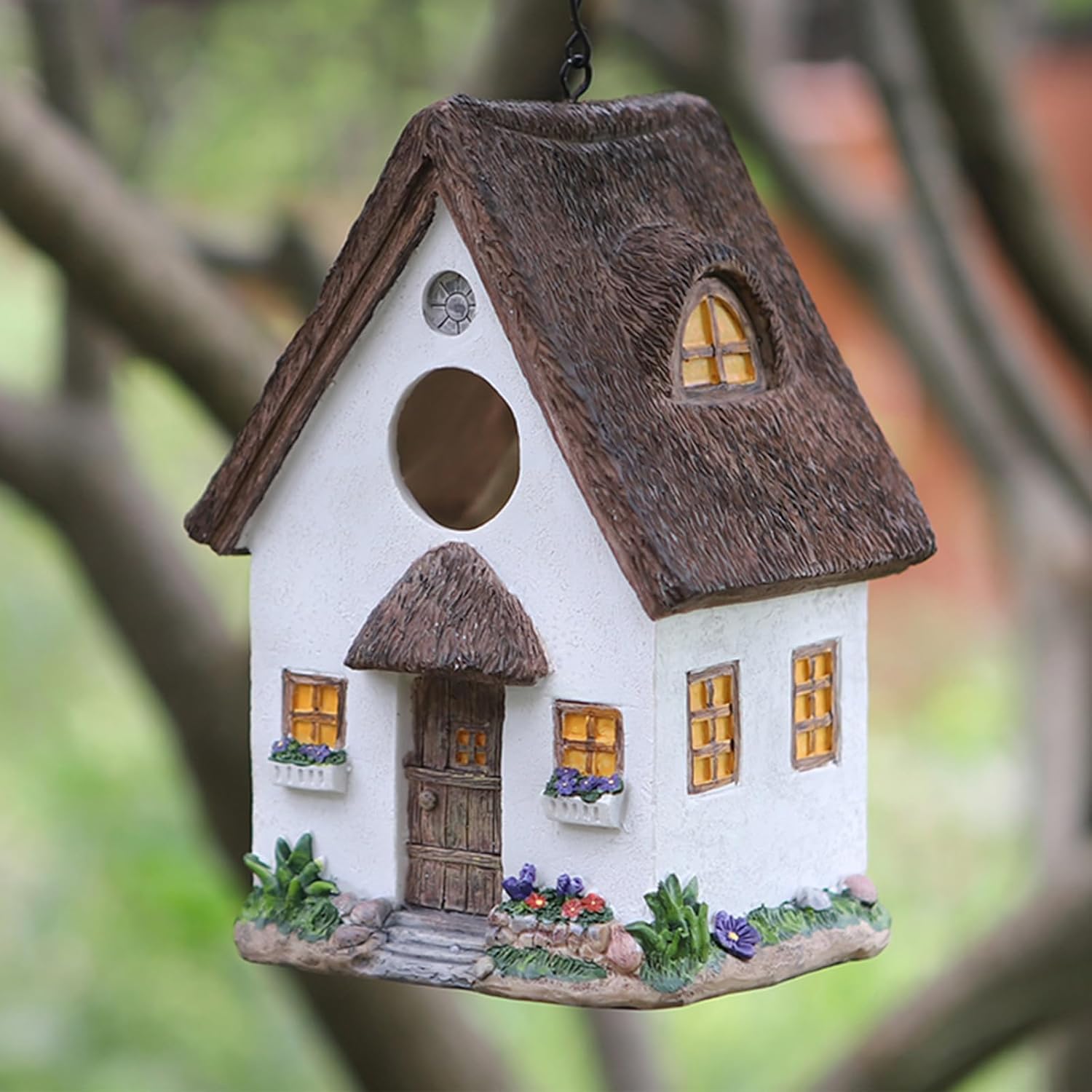 Bird Houses for Outside Rustic Cottage Birdhouse with Thatch Roof – Hand-Painted Resin Bird Houses for Outdoors for Hummingbird Finches Cardinals Bird Nesting Garden, Patio, Yard