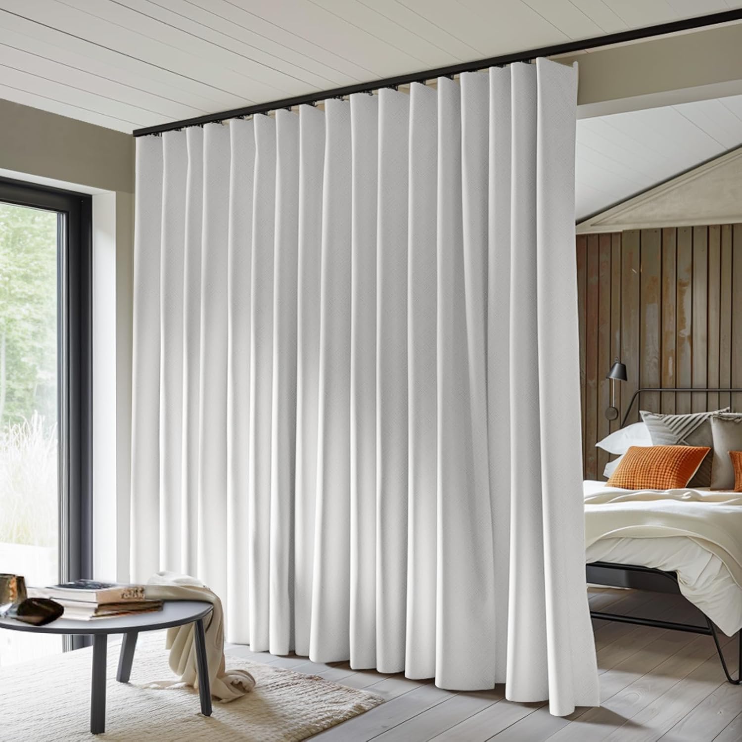 Room Divider Curtains Total Blackout Privacy Curtain Panel Room Thermal Insulated Noise Reduction Curtains for Bedroom Window Living Room Ceiling Track Curtain W 10 ft × H 9 ft White