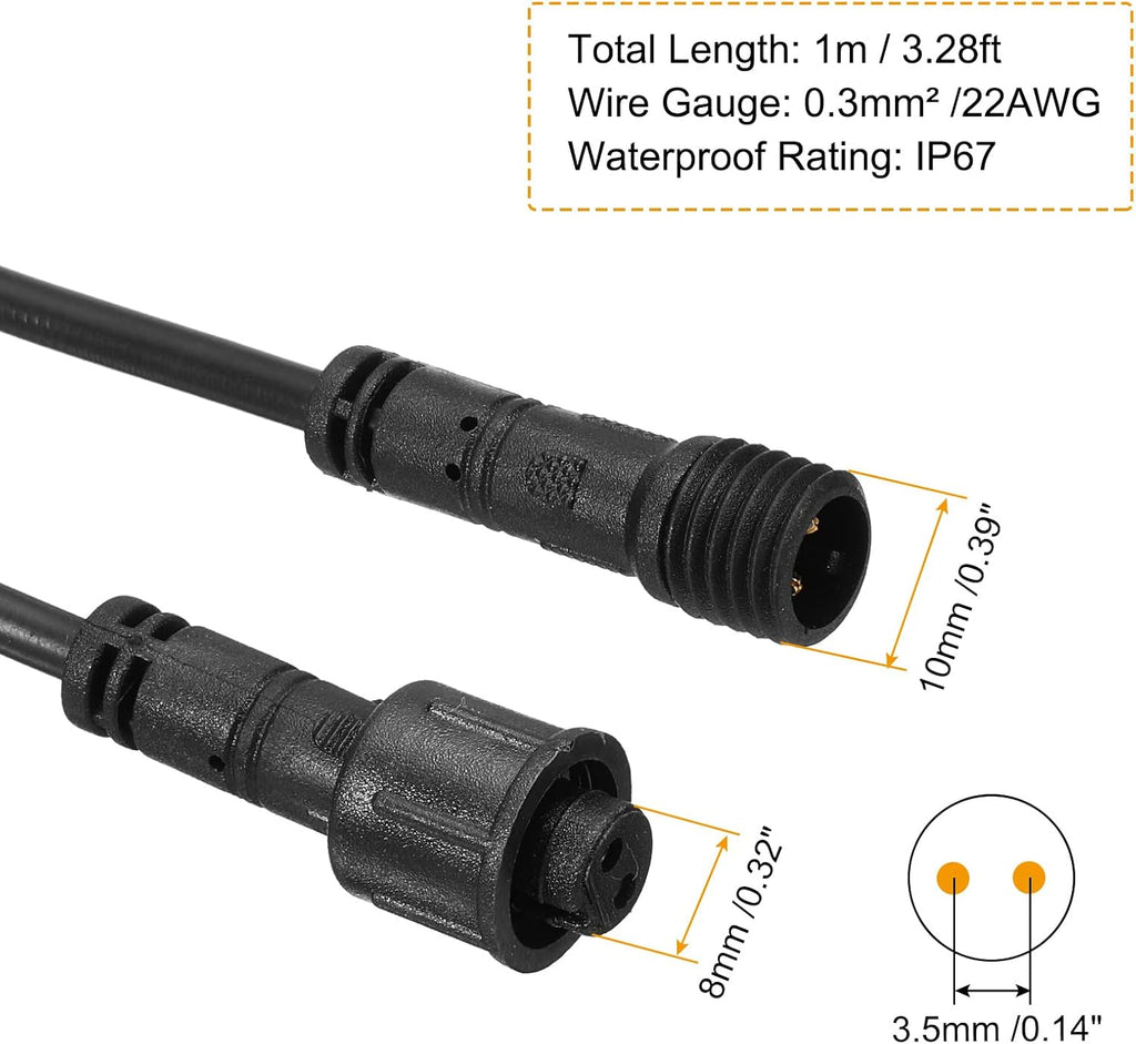 PATIKIL 3.28Ft 2 Pin Extension Cable Wire, 2Pcs 22 AWG Waterproof IP67 Connector with Male and Female at Both Ends for LED Strips, Black