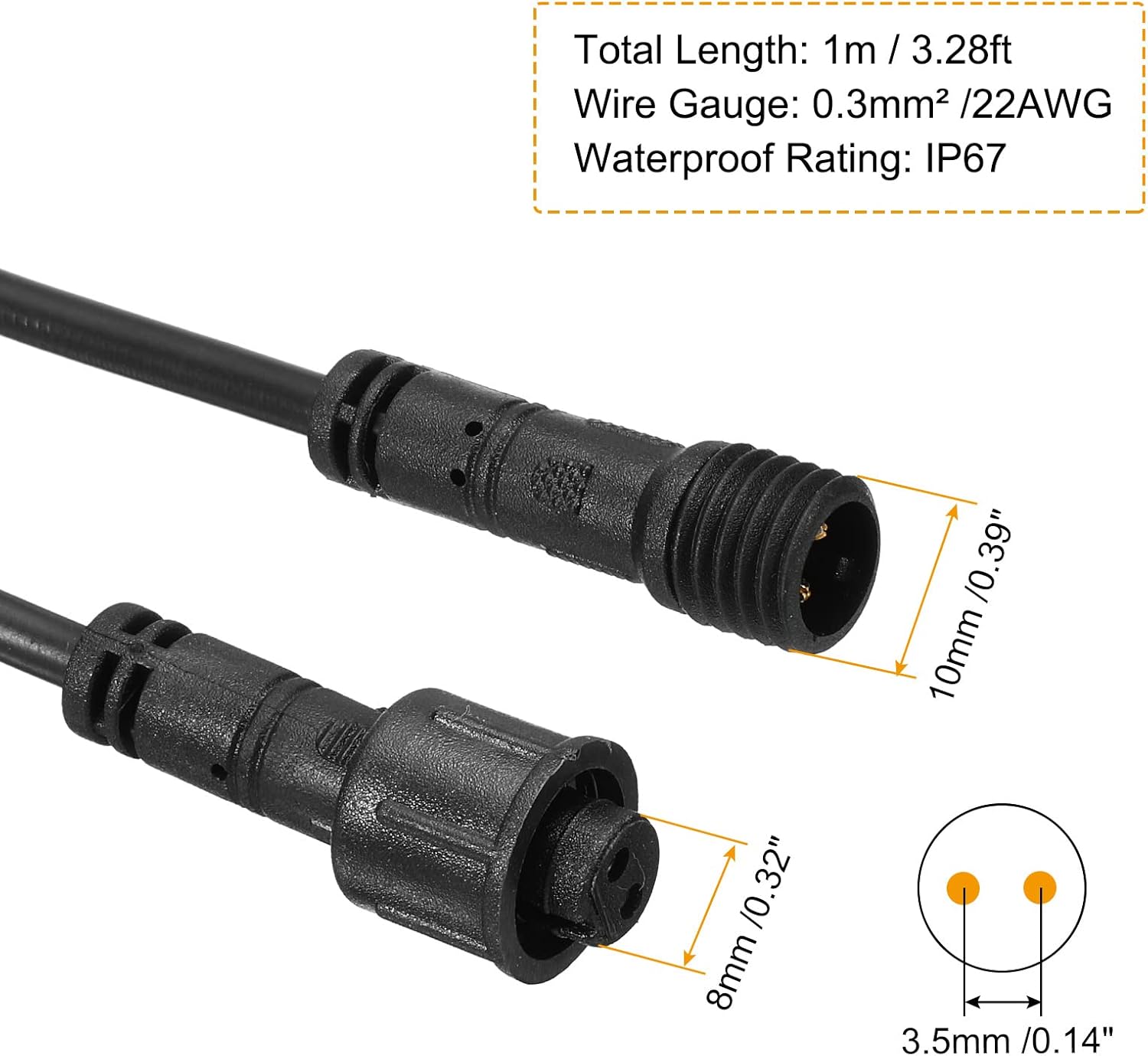 PATIKIL 3.28Ft 2 Pin Extension Cable Wire, 2Pcs 22 AWG Waterproof IP67 Connector with Male and Female at Both Ends for LED Strips, Black