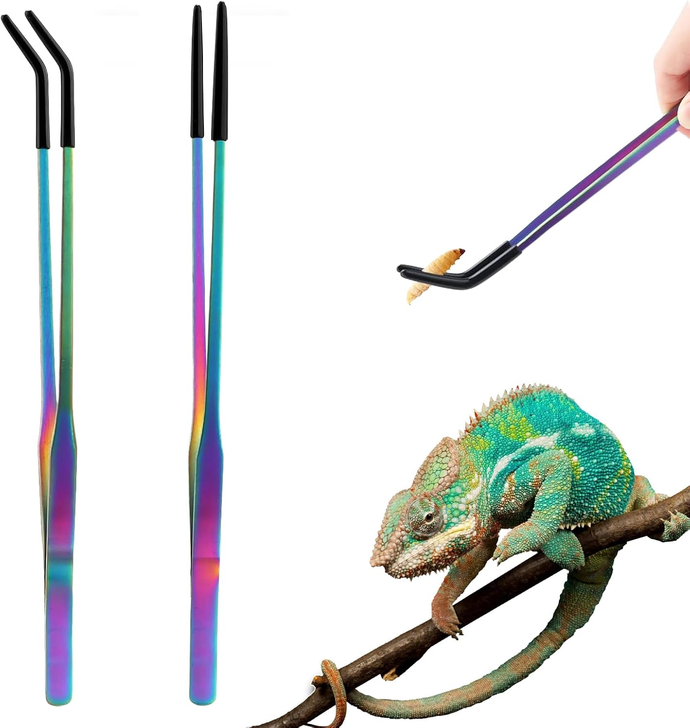 Stainless Steel Reptile Feeding Tweezers (with Non-Slip Rubber Tips) - 10.6-inch Straight & Curved Tweezers for Terrariums - Specialized Feeding Tools for Lizards & Bearded Dragons - 2-Piece Set