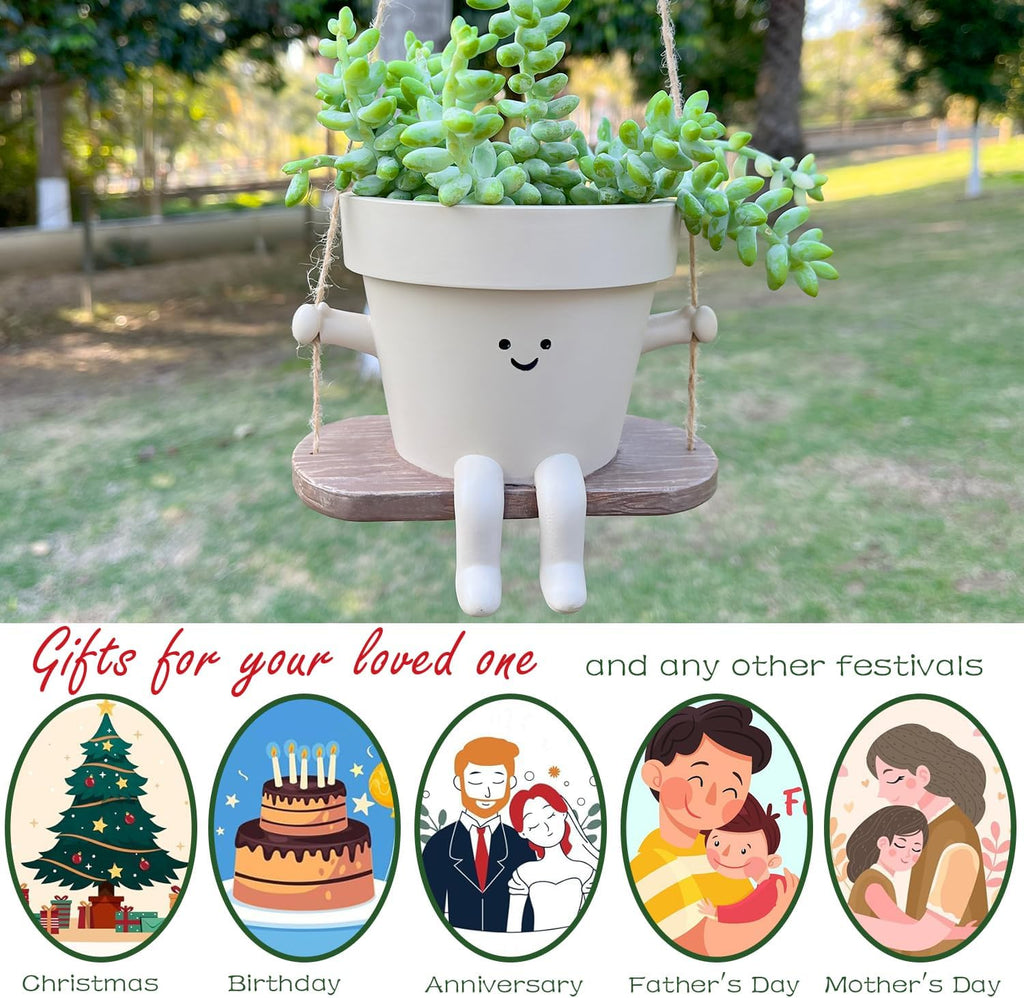 Hanging Planter Swing Face Plant Pot - Cute Resin Head Planters with Drainage Hole Indoor Outdoor Plant Holder, Succulent/String of Pearls Flower Pots, Unique Sitting Sway Pots, Gift Ideas for Mother