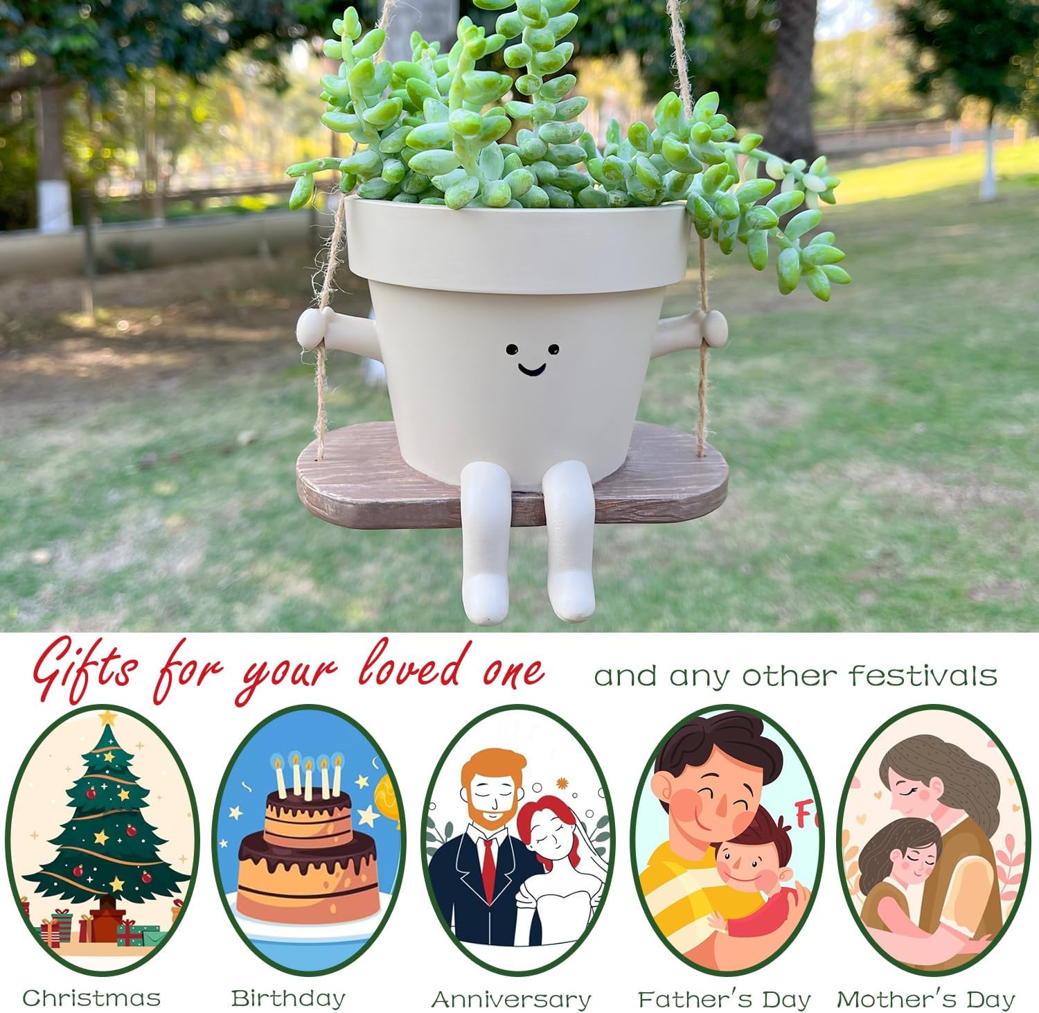 Hanging Planter Swing Face Plant Pot - Cute Resin Head Planters with Drainage Hole Indoor Outdoor Plant Holder, Succulent/String of Pearls Flower Pots, Unique Sitting Sway Pots, Gift Ideas for Mother