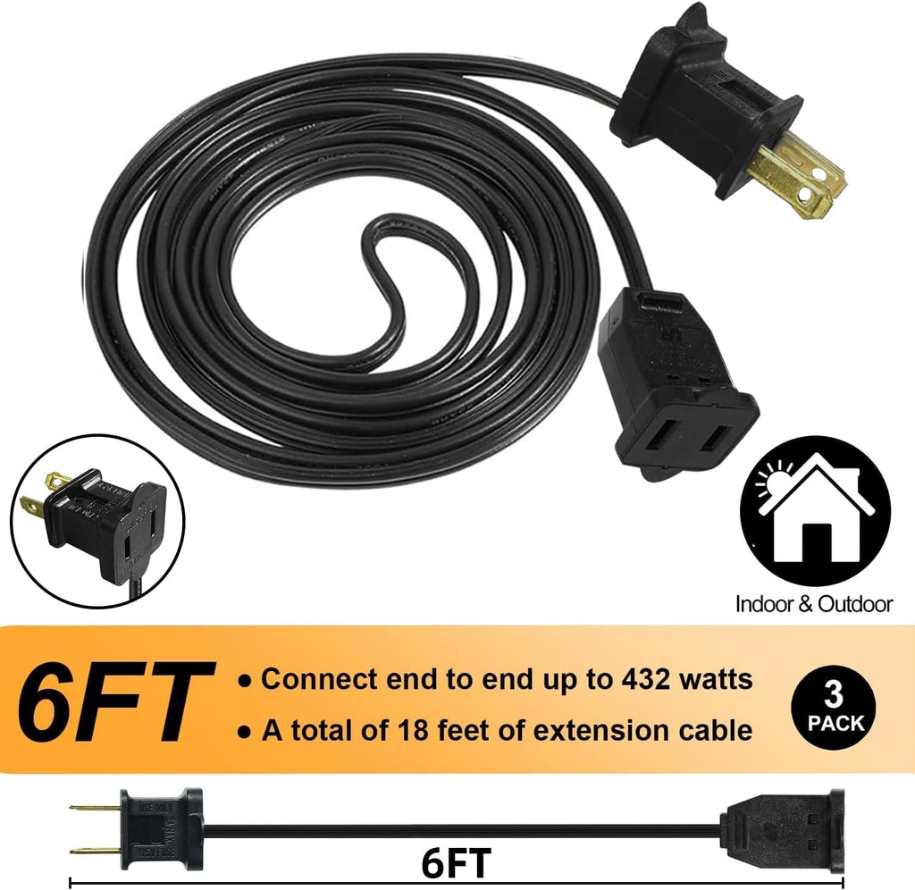 3 Pack Black Extension Cord 6 Feet Polarized Halloween Christmas Extension Cord 2 Prong with Polarized Plug for Connect/Extend Halloween Christmas Light, 5Amps, 120Volt, 432Watt (Total 18 Feet)