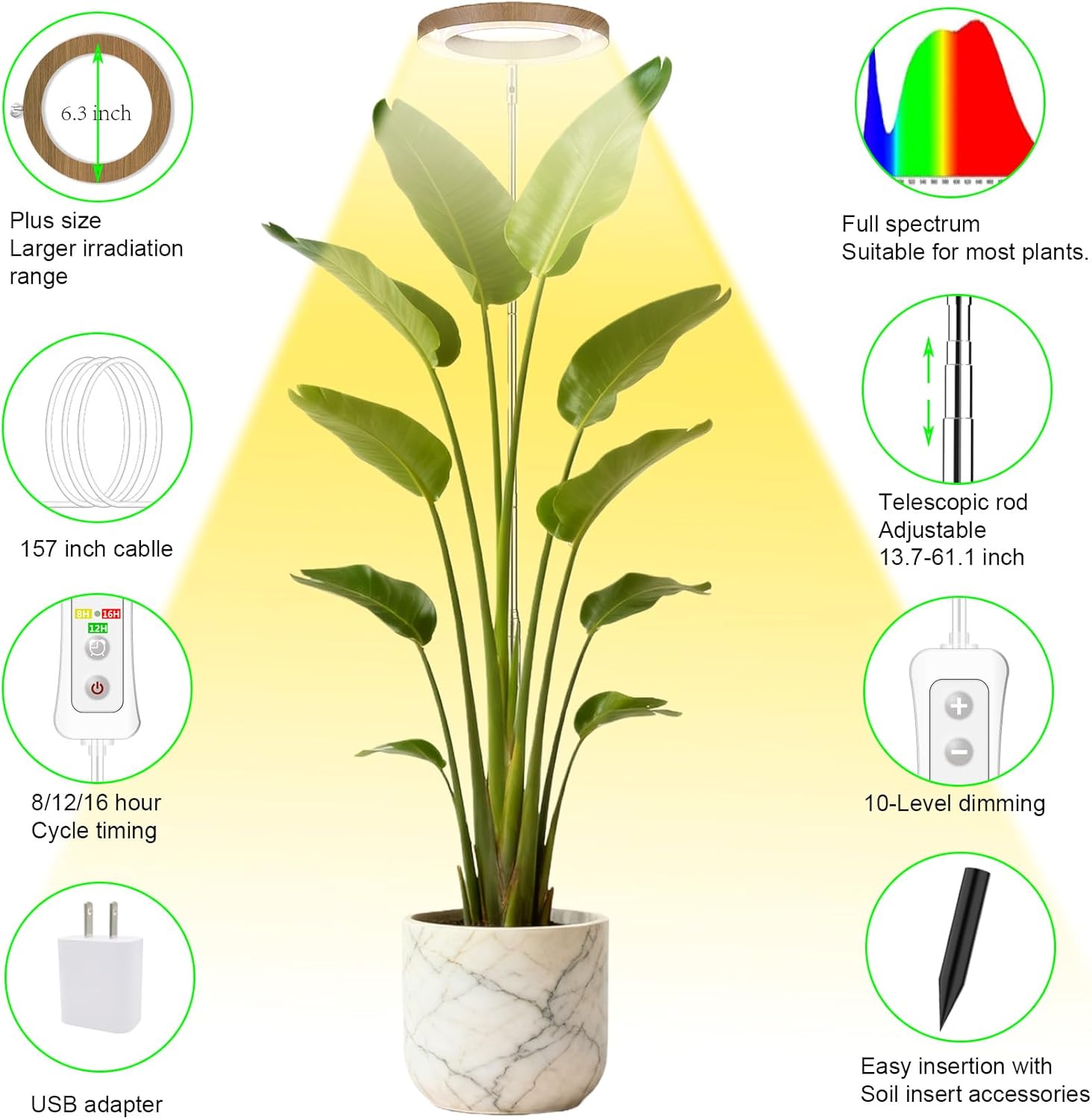 yadoker Plant Grow Light,LED Growing Light Full Spectrum for Indoor Plants,Aluminum Coffee Wood Grain Plant Lights,Height Adjustable, Automatic Timer, 5V Low Safe Voltage