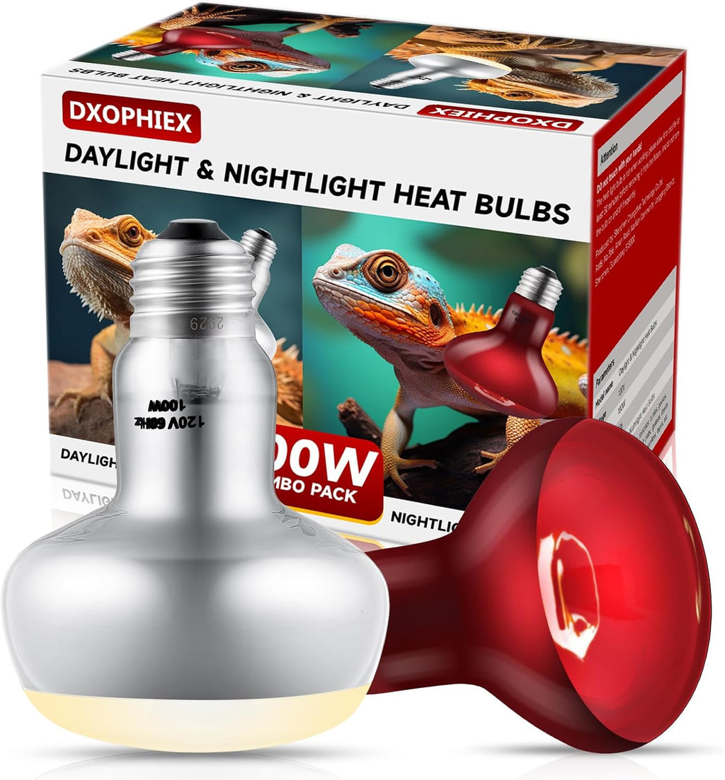 DXOPHIEX 2 Pack 100W Reptile Heat Lamp Bulbs Reptile Heat Bulbs, UVA Basking Bulb and Infrared Light Bulb Combo, Basking Light for Bearded Dragon, Turtles, Snake and Lizard