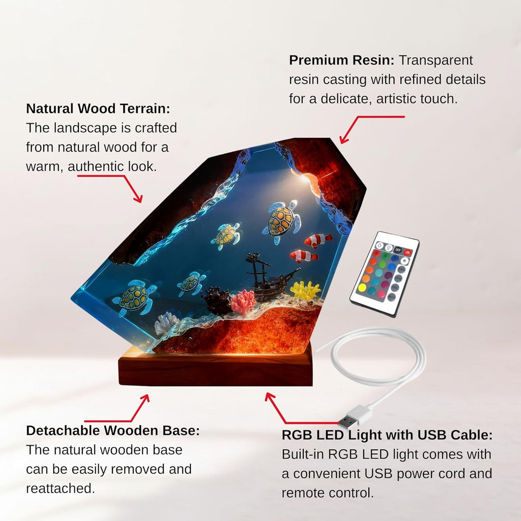 Ocean Resin Lamp – Resin Art Night Light with 16 Color LED, USB Powered Whale Shark & Turtle Desk Lamp with Wooden Base & Remote,Handmade Gift for Christmas, New Year
