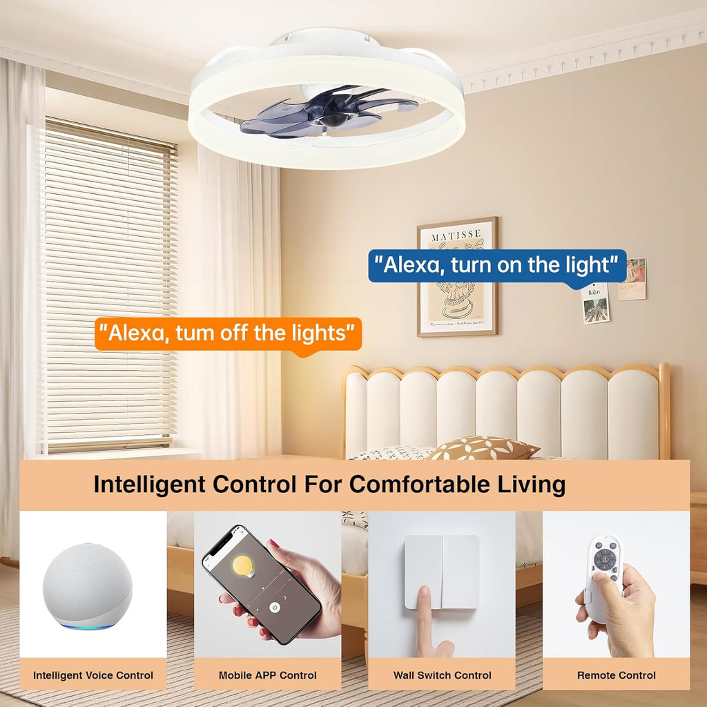 LED Ceiling Fan, 20" Low Profile Ceiling Fan with Lights and Remote, 6 Speeds, Dimmable 3000K–6500K LED, App & Remote Control, for Bedroom/Kitchen/Living Room, White