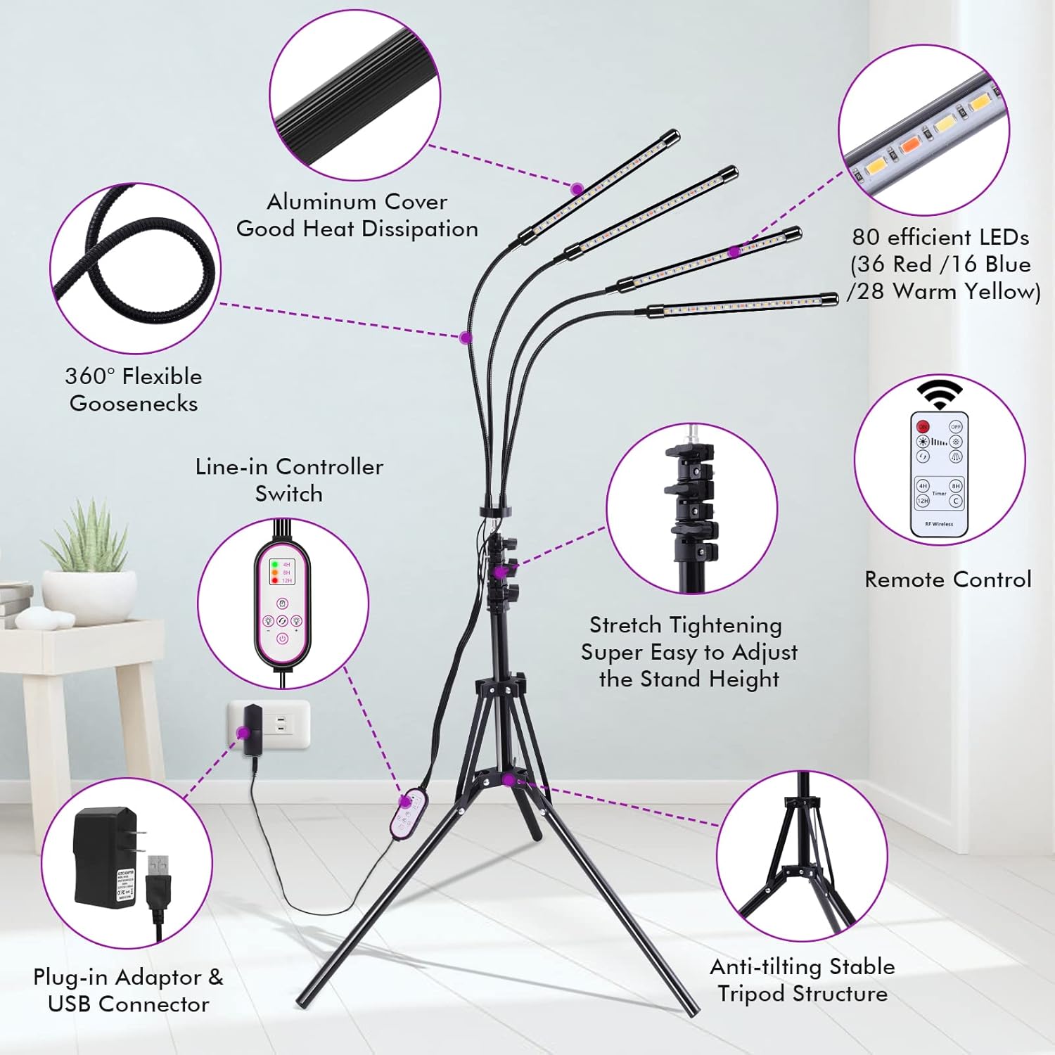 Plant Grow Lights for Indoor Plants Full Spectrum, LED Floor Plant Lights for Indoor Growing with Adjustable Stand (14"-63"), Indoor Plant Grow Lamp with Timer, Auto On/Off for House Plants