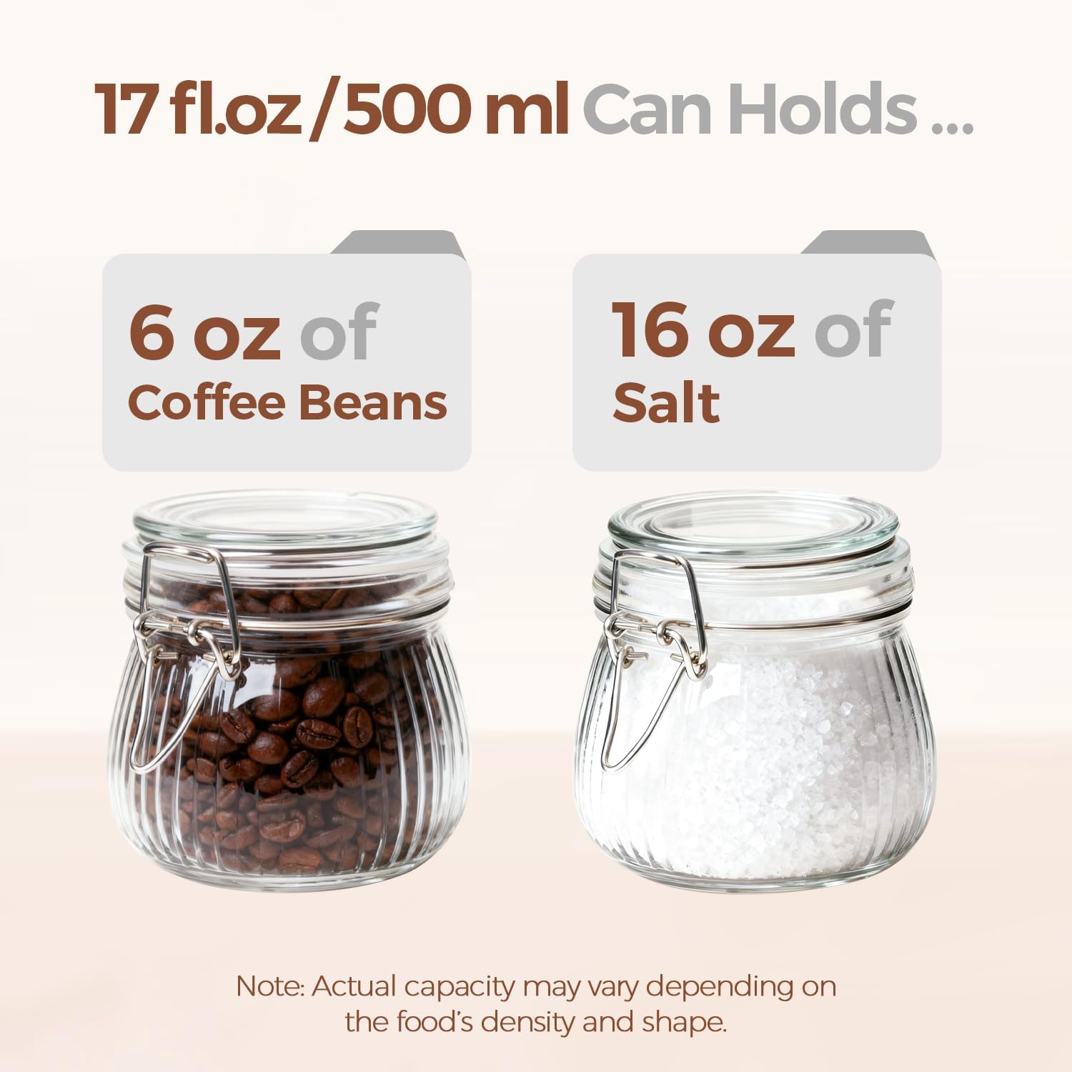 ComSaf Airtight Glass jar with lid 17oz, Glass Storage Containers with Lids, Small Canister, Mason Jars, Minimalist Jar for Kitchen Canning, Overnight Oats, Pickle, Spice, Set of 6