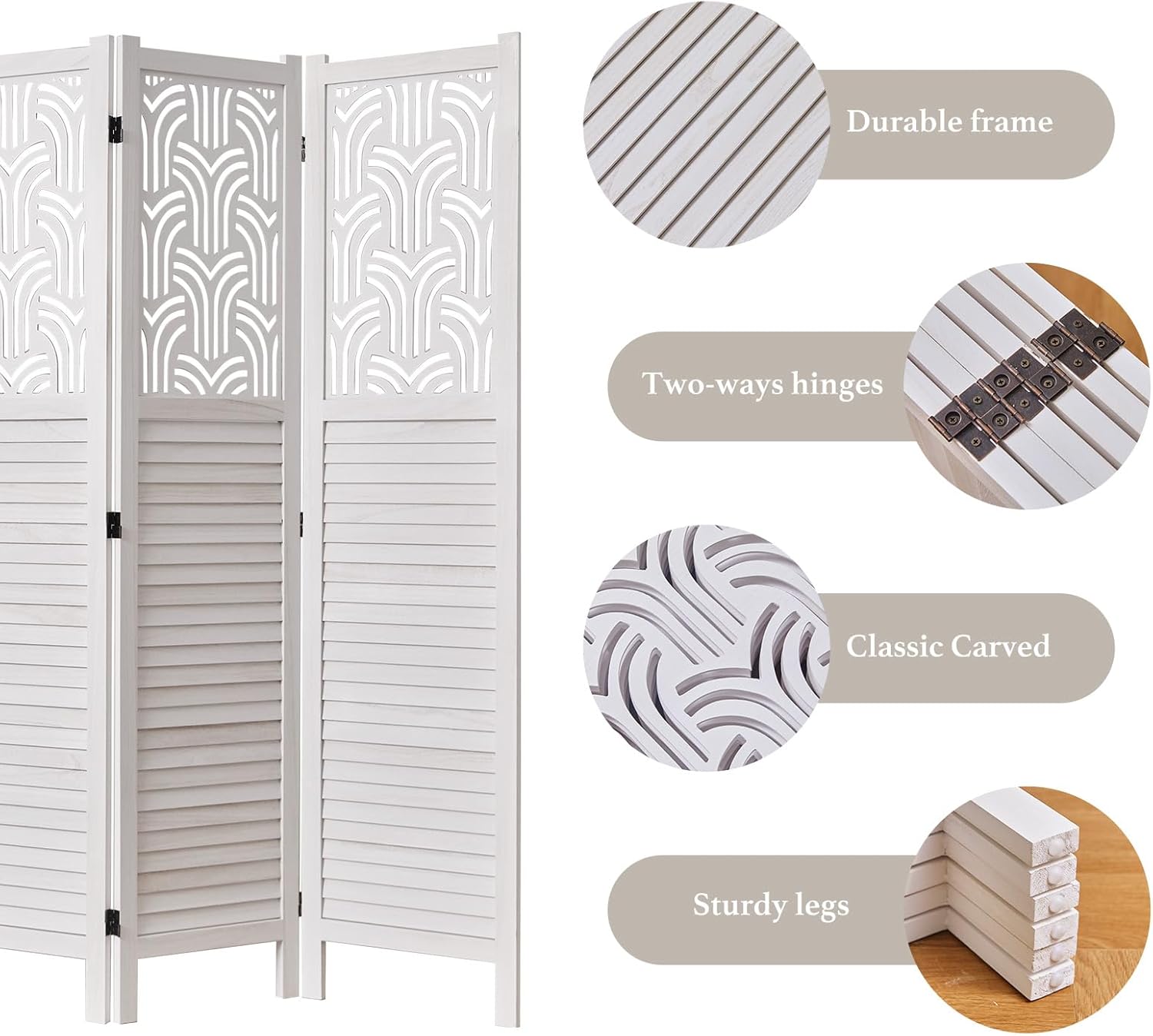 Folding Room Divider, 66.9 Inch 6 Panels Wood Carved Privacy Screens, Free Assembled Freestanding Portable Separation Wall for Home Office Restaurant Bedroom (White)