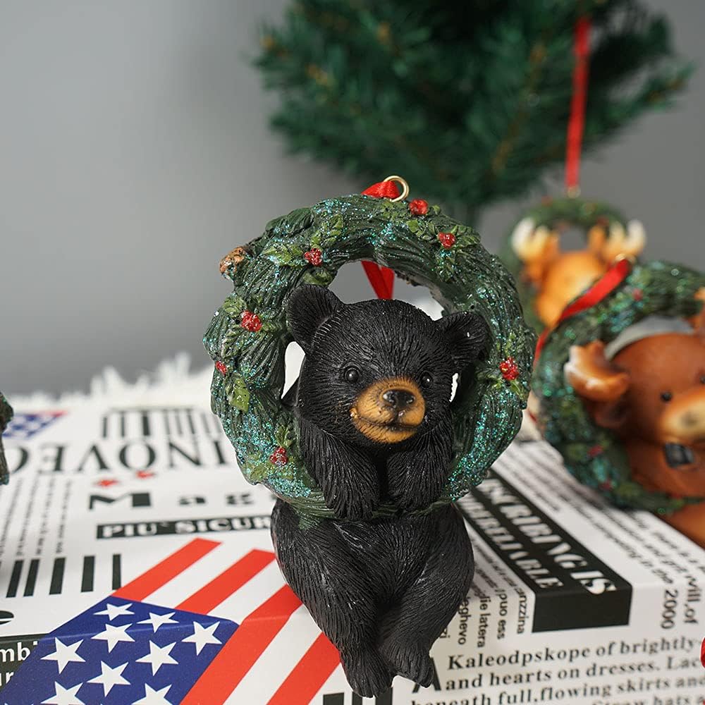 Christmas Small Animal Wreath Swing Ornament Hanging Decor for Xmas Tree Home Office Room Decoration with String (New, Black Bear)