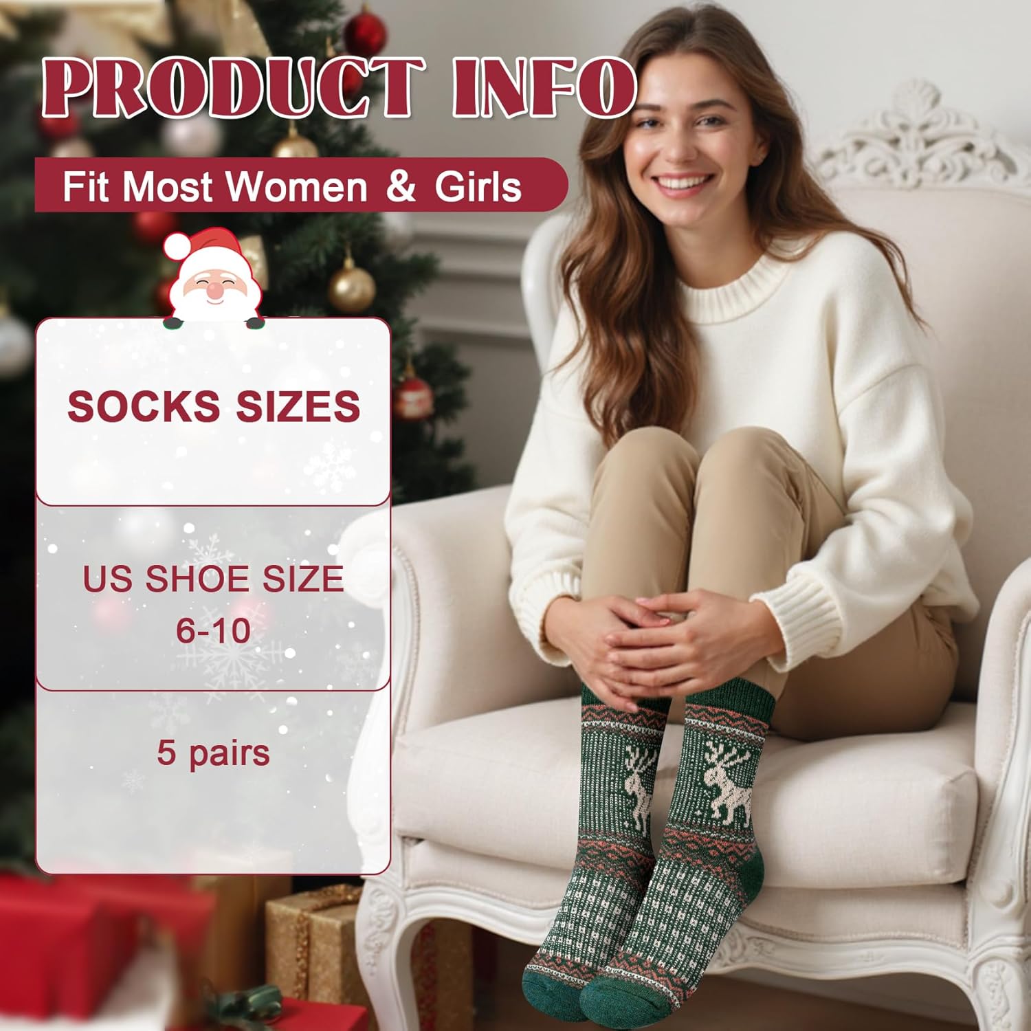 Justay 5 Pairs Wool Socks for Women - Winter Thick Boot Cozy Crew Vintage Soft Calf Knit Warm Socks Gifts