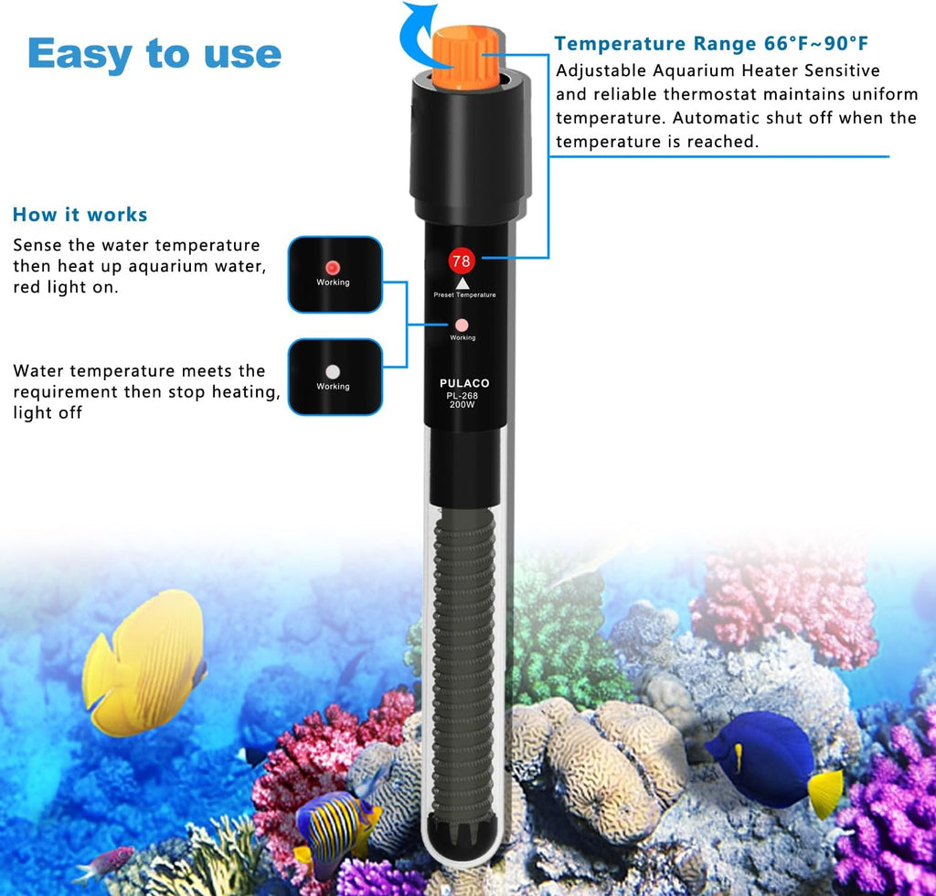 PULACO 200Watt Aquarium Heater for 20-40 Gallon Fish Tank, Adjustable Submersible Heater Thermostat with Thermometer Strip and Suction Cup